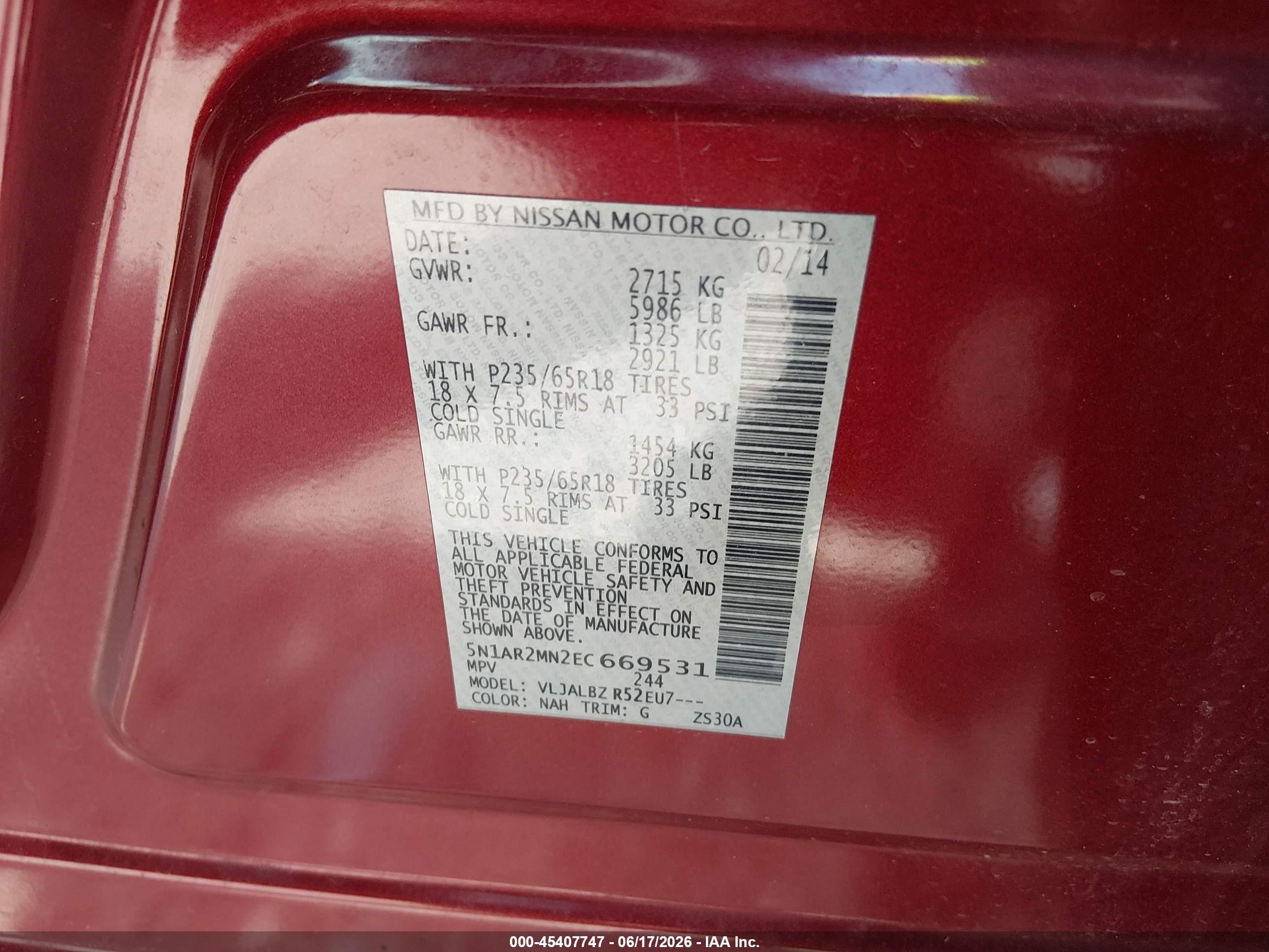 2014 Nissan Pathfinder S Red vin: 5N1AR2MN2EC669531