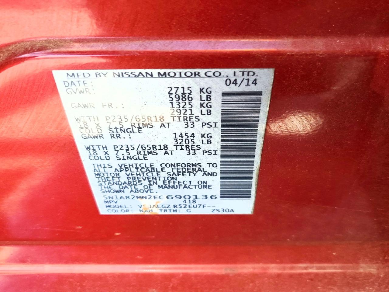 2014 Nissan Pathfinder Sl Red vin: 5N1AR2MN2EC690136