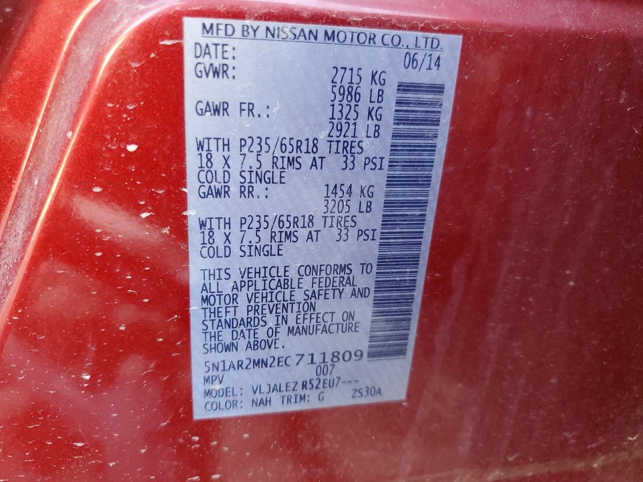 2014 Nissan Pathfinder Sv Red vin: 5N1AR2MN2EC711809