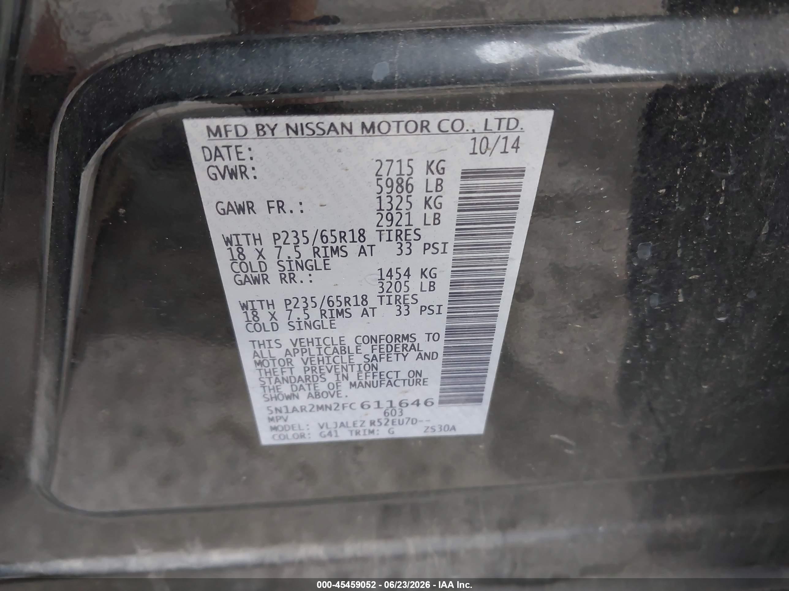 2015 Nissan Pathfinder Sv Black vin: 5N1AR2MN2FC611646