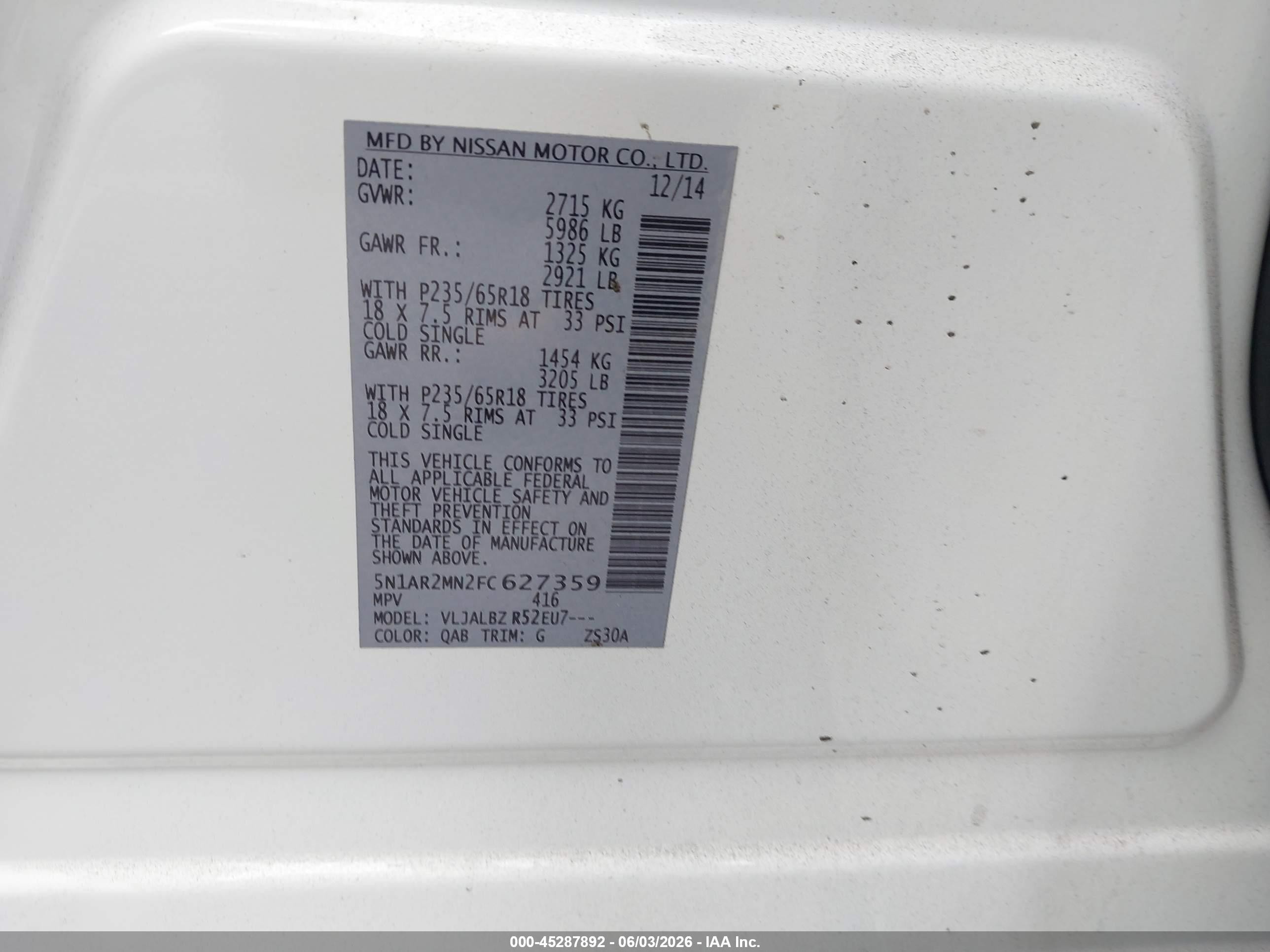 2015 Nissan Pathfinder S White vin: 5N1AR2MN2FC627359