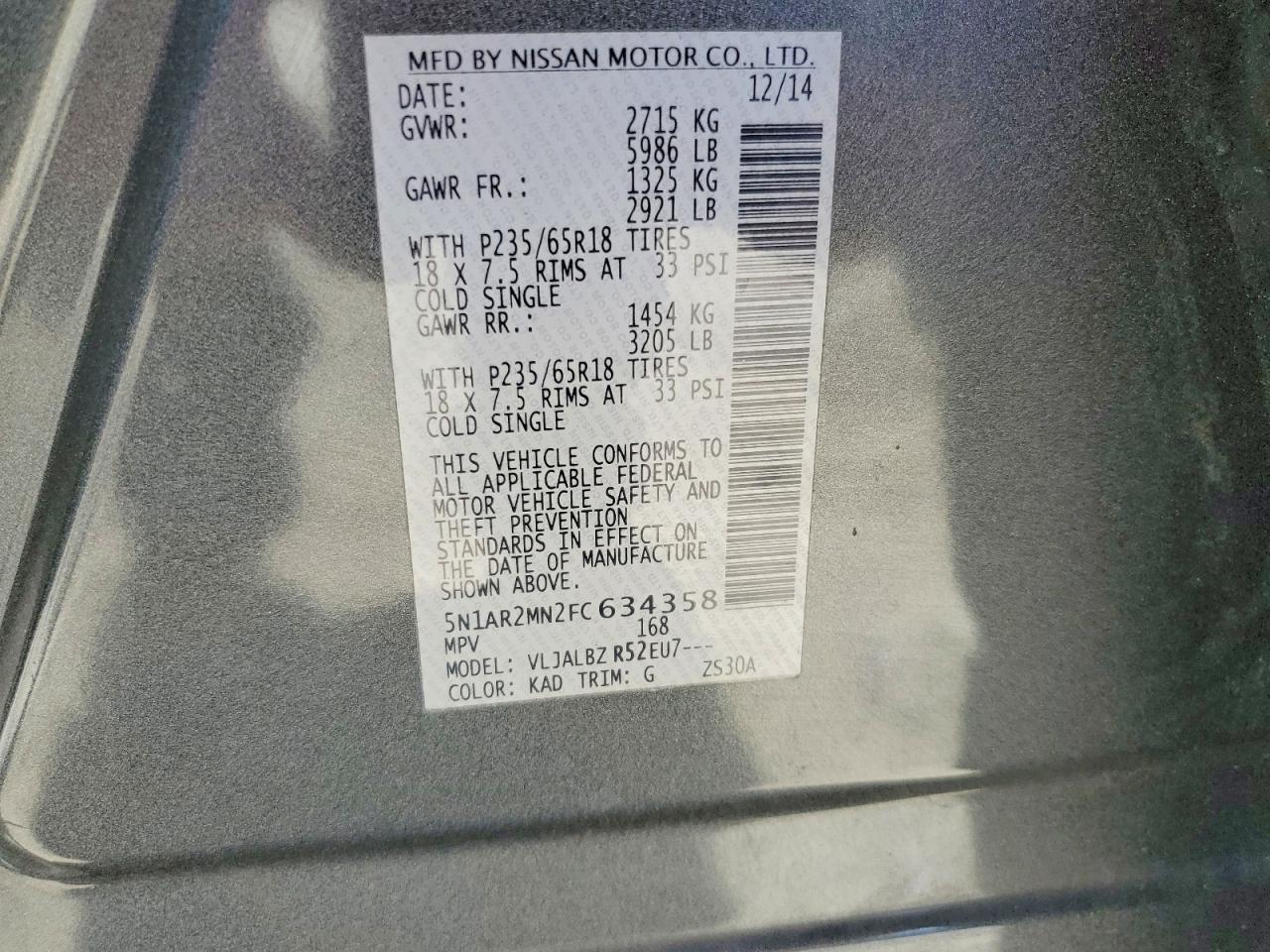2015 Nissan Pathfinder S Серый vin: 5N1AR2MN2FC634358
