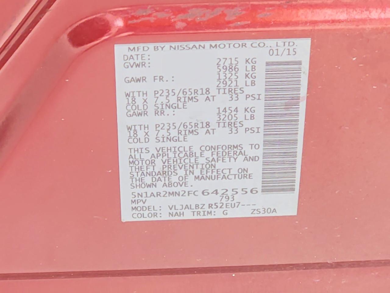 2015 Nissan Pathfinder S Red vin: 5N1AR2MN2FC642556