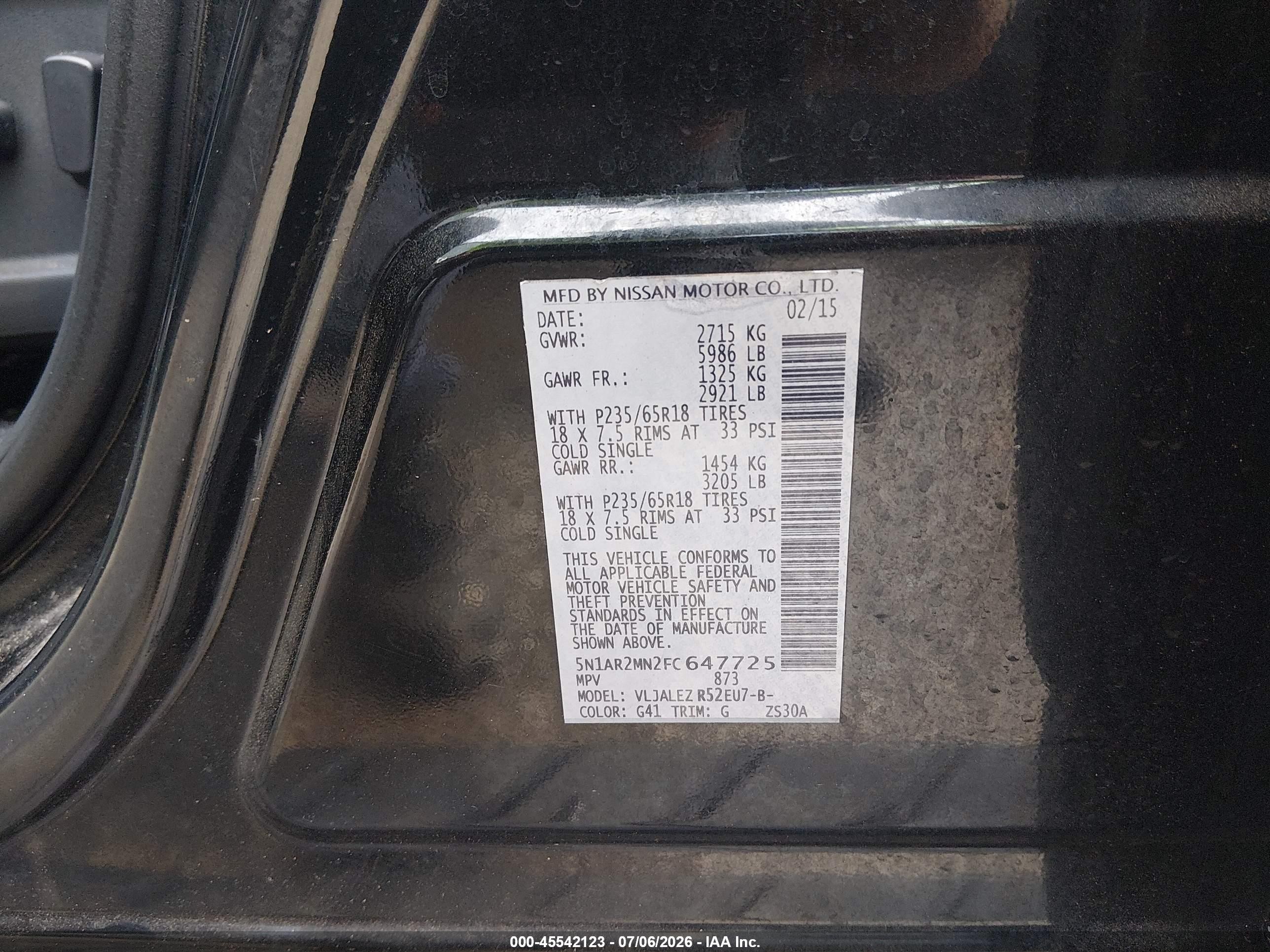 2015 Nissan Pathfinder Platinum/s/sl/sv Black vin: 5N1AR2MN2FC647725