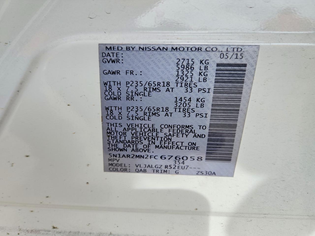 2015 Nissan Pathfinder Sl White vin: 5N1AR2MN2FC676058