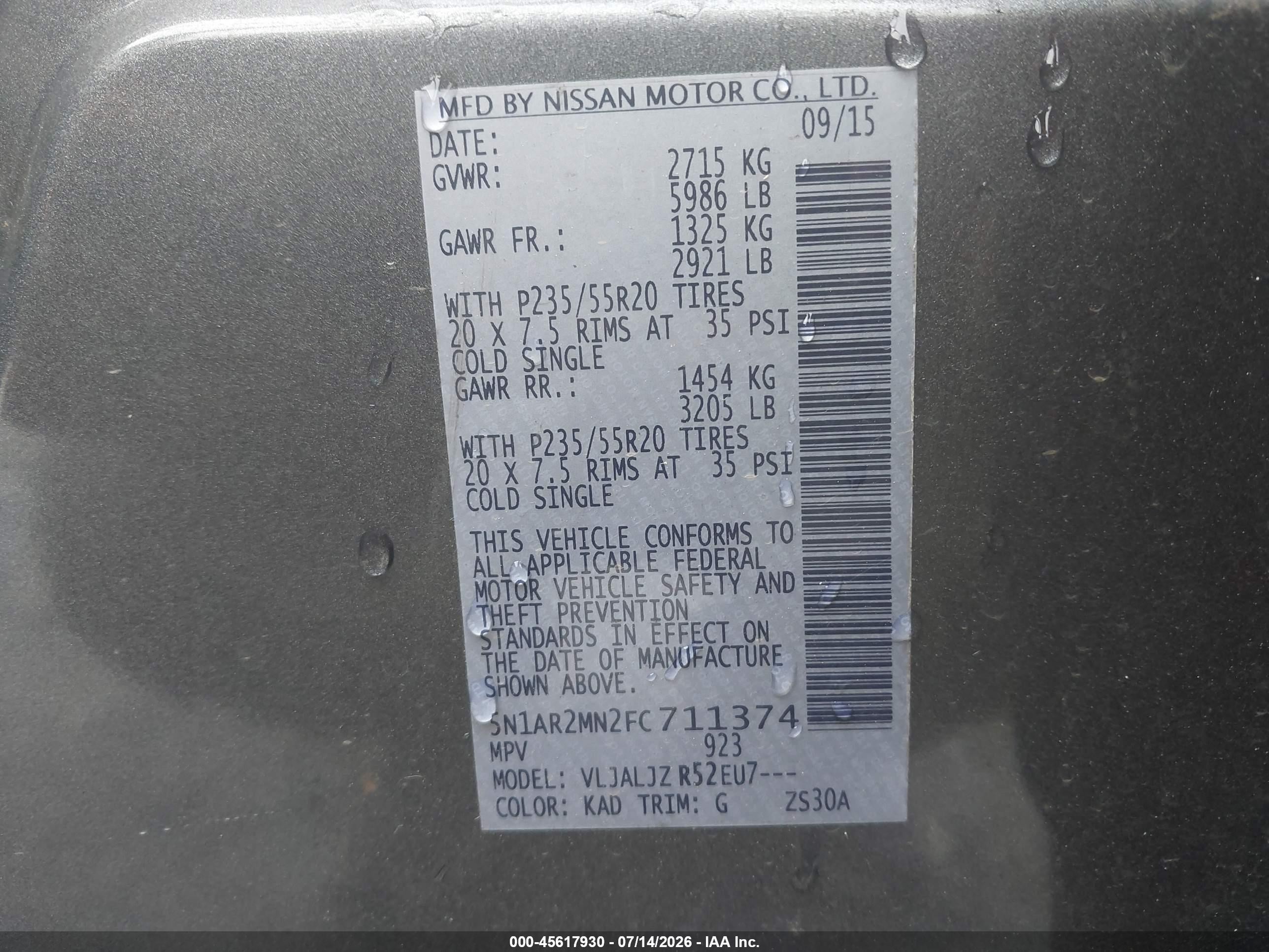 2015 Nissan Pathfinder Platinum Gray vin: 5N1AR2MN2FC711374