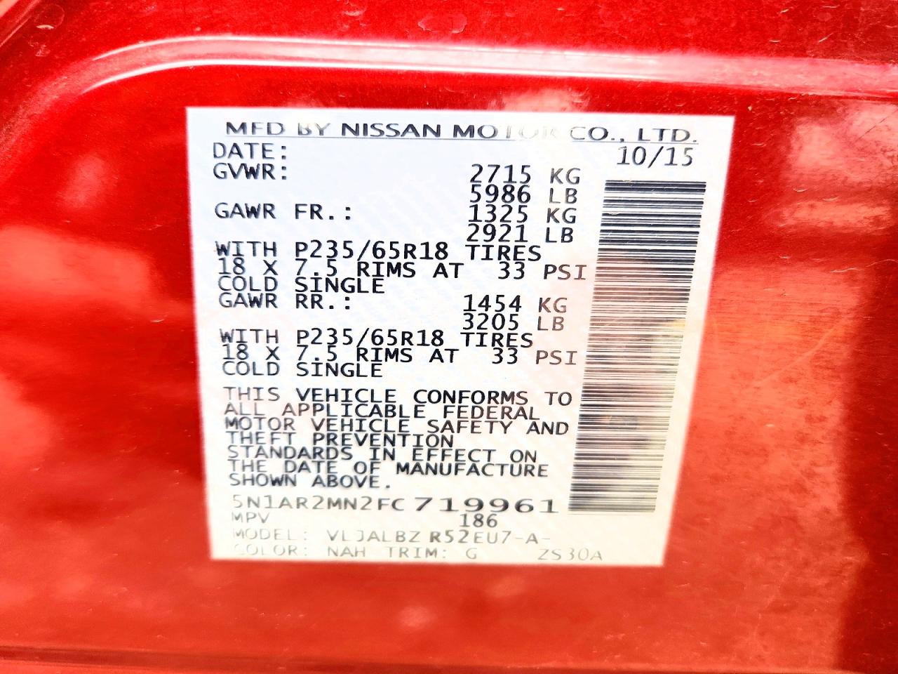 2015 Nissan Pathfinder Red vin: 5N1AR2MN2FC719961