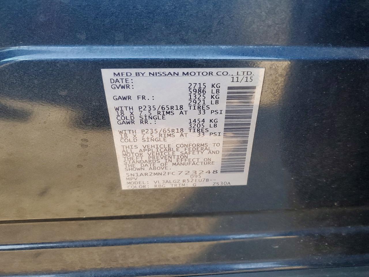 2015 Nissan Pathfinder Sl Blue vin: 5N1AR2MN2FC723248