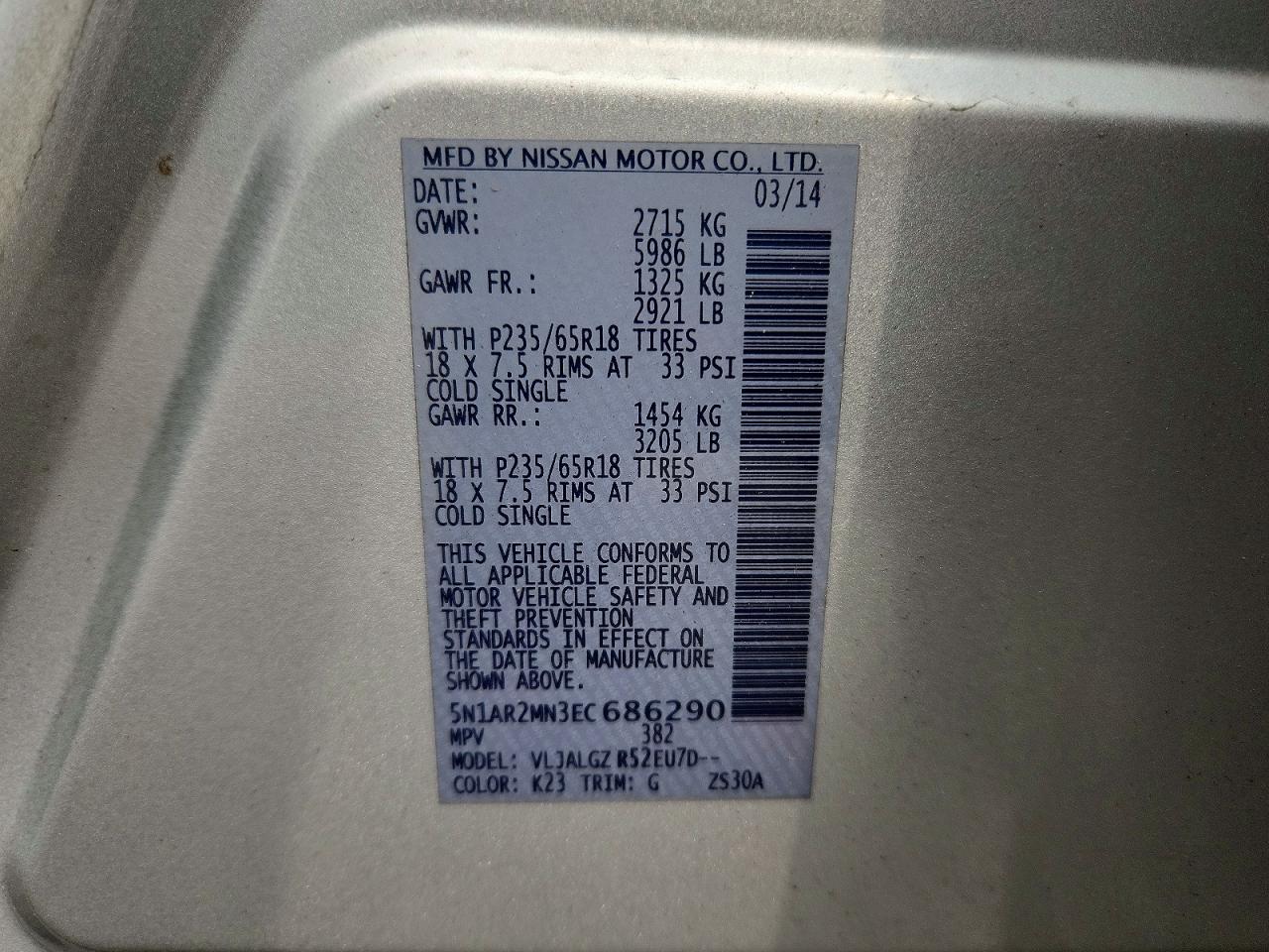 2014 Nissan Pathfinder Sl Silver vin: 5N1AR2MN3EC686290