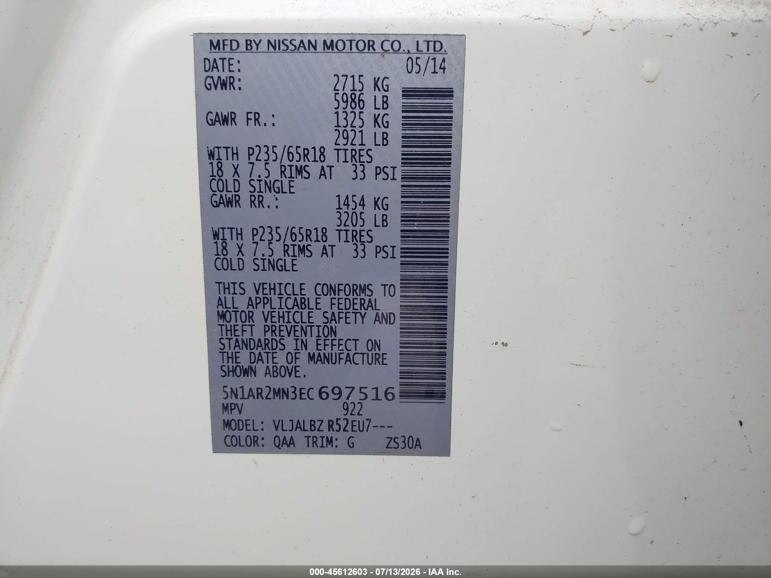 2014 Nissan Pathfinder S White vin: 5N1AR2MN3EC697516