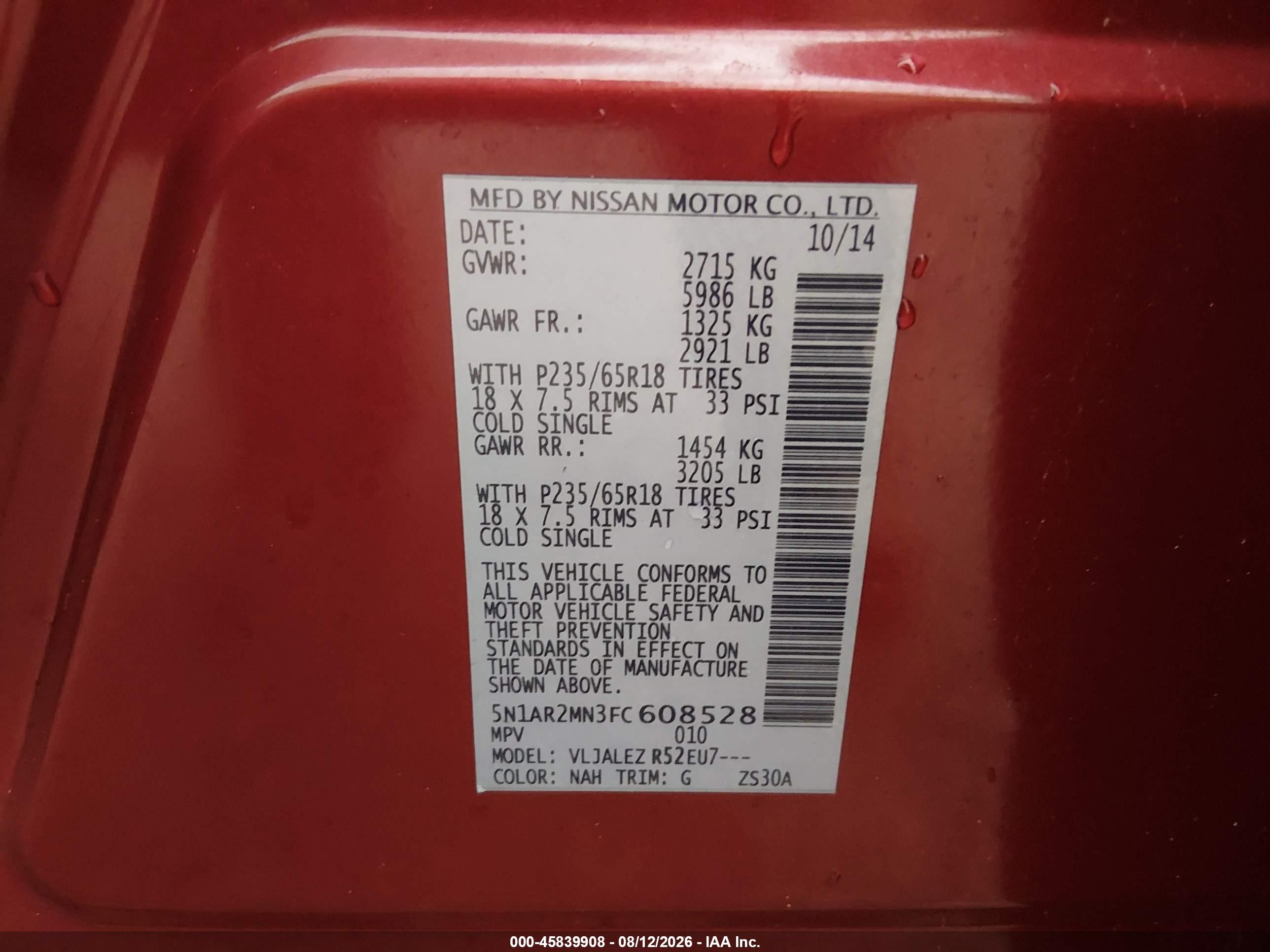 2015 Nissan Pathfinder Platinum/s/sl/sv Maroon vin: 5N1AR2MN3FC608528