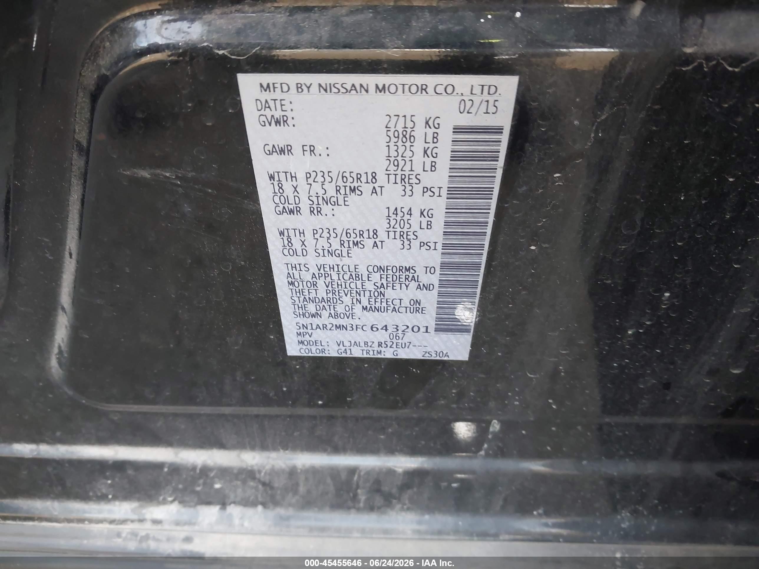 2015 Nissan Pathfinder S Black vin: 5N1AR2MN3FC643201