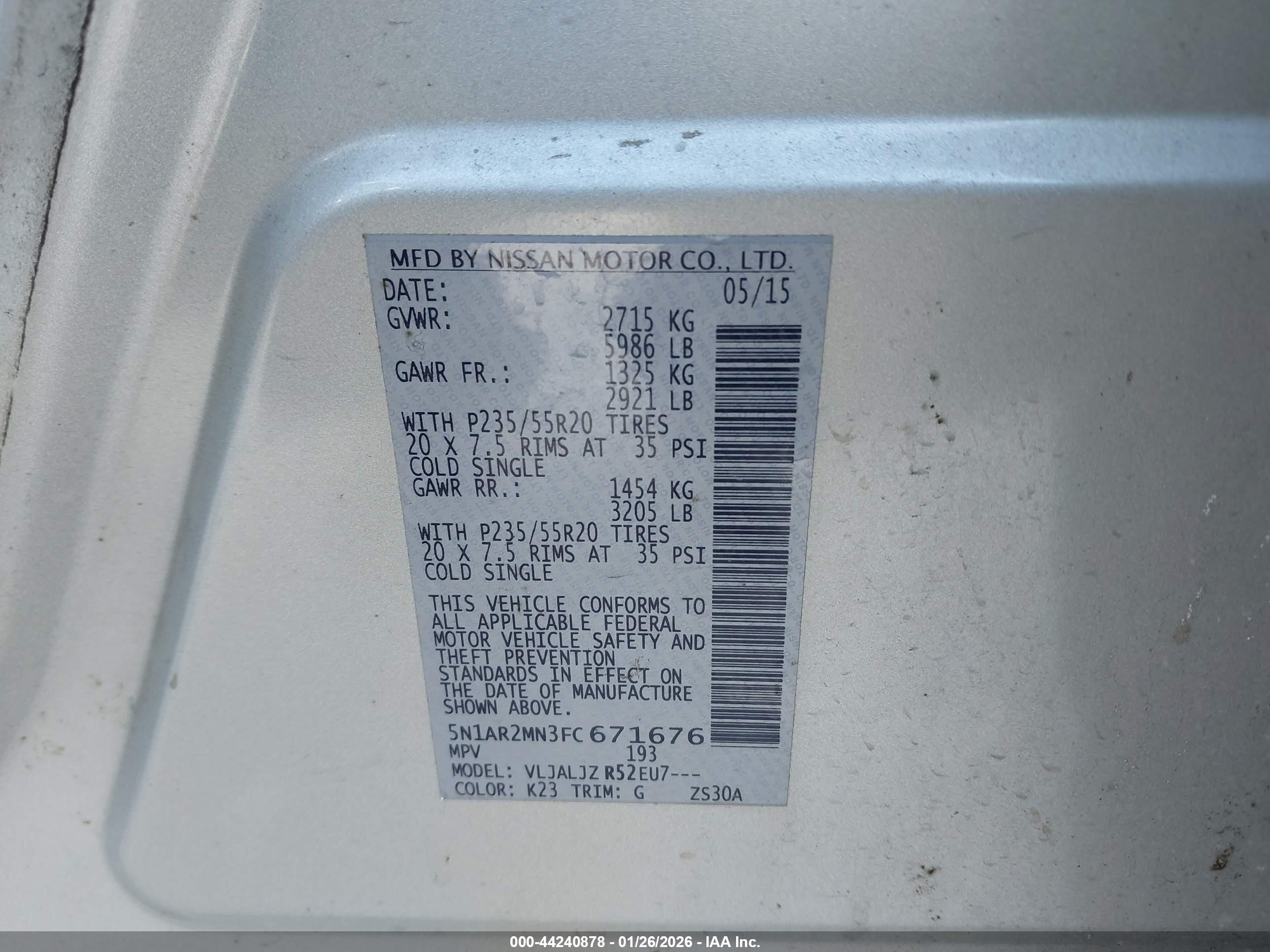 2015 Nissan Pathfinder Platinum Silver vin: 5N1AR2MN3FC671676