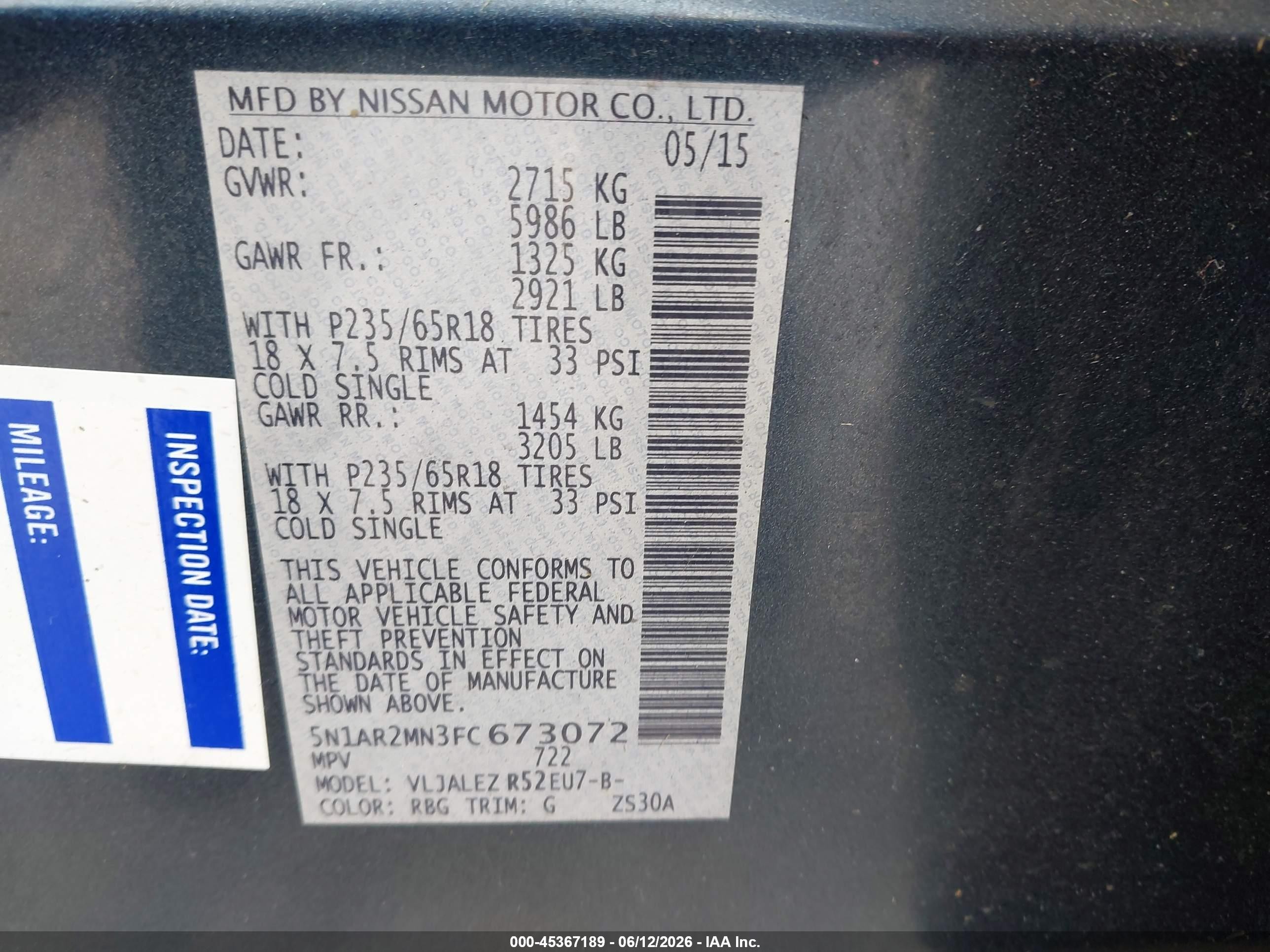 2015 Nissan Pathfinder Platinum/s/sl/sv Blue vin: 5N1AR2MN3FC673072