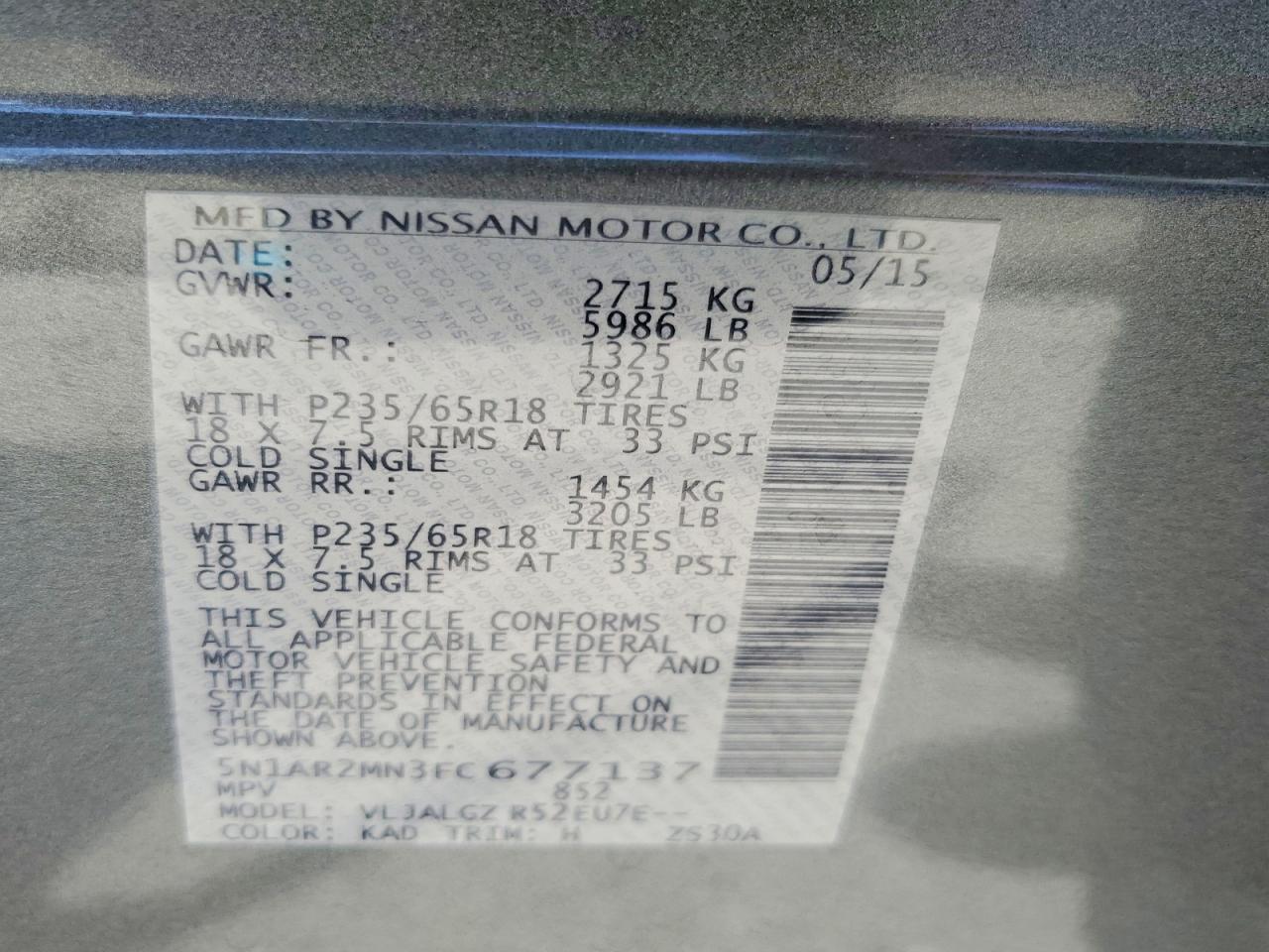 2015 Nissan Pathfinder Sl Gray vin: 5N1AR2MN3FC677137