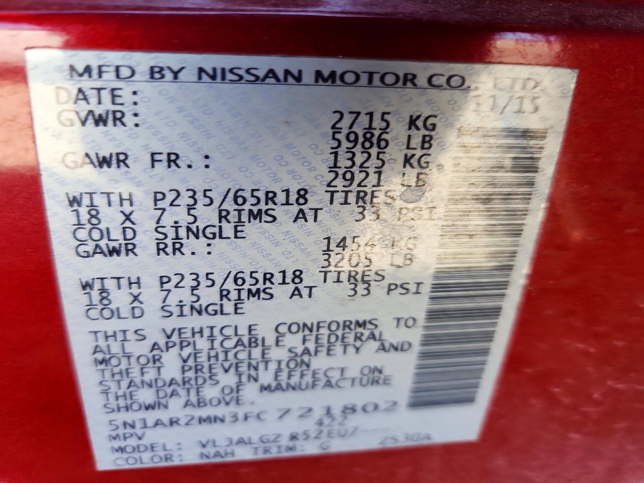2015 Nissan Pathfinder Sl Red vin: 5N1AR2MN3FC721802