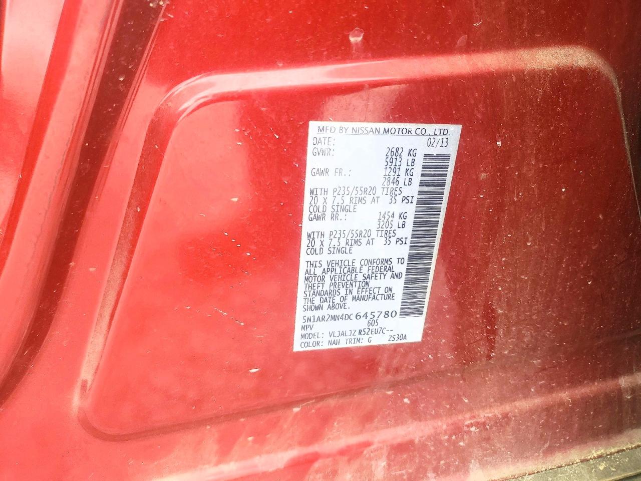 2013 Nissan Pathfinder S Red vin: 5N1AR2MN4DC645780