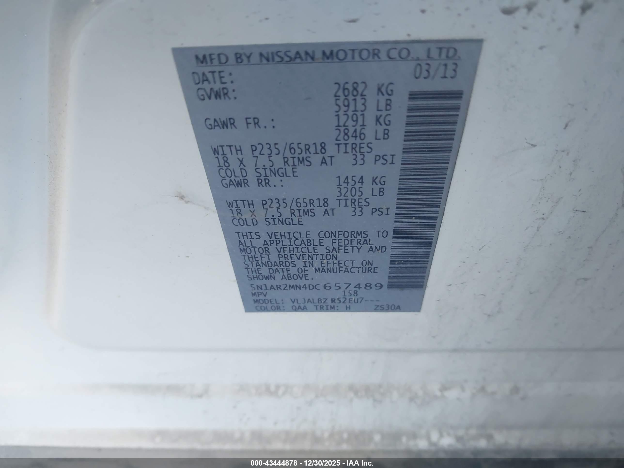 2013 Nissan Pathfinder S Белый vin: 5N1AR2MN4DC657489