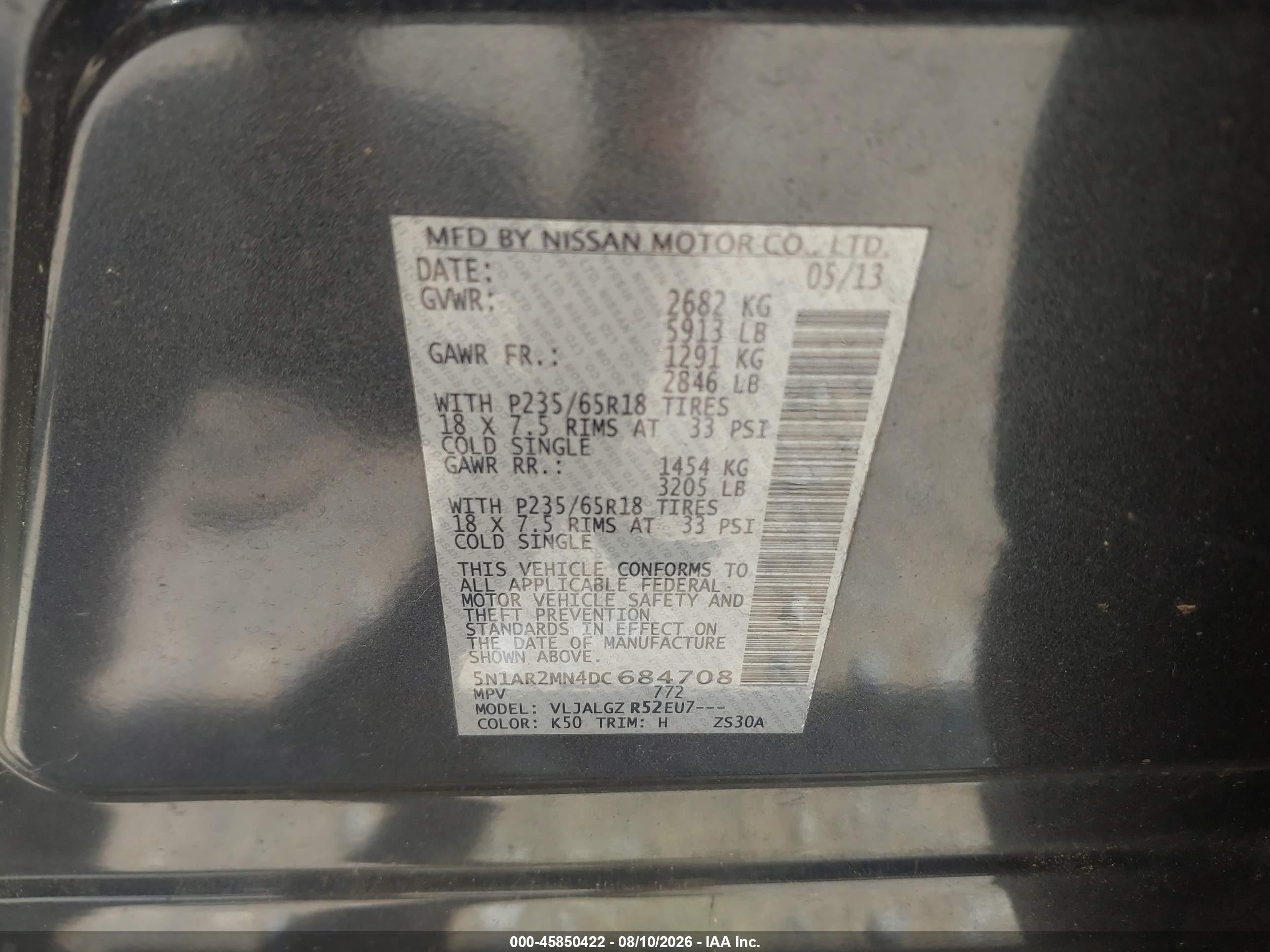 2013 Nissan Pathfinder Sl Gray vin: 5N1AR2MN4DC684708