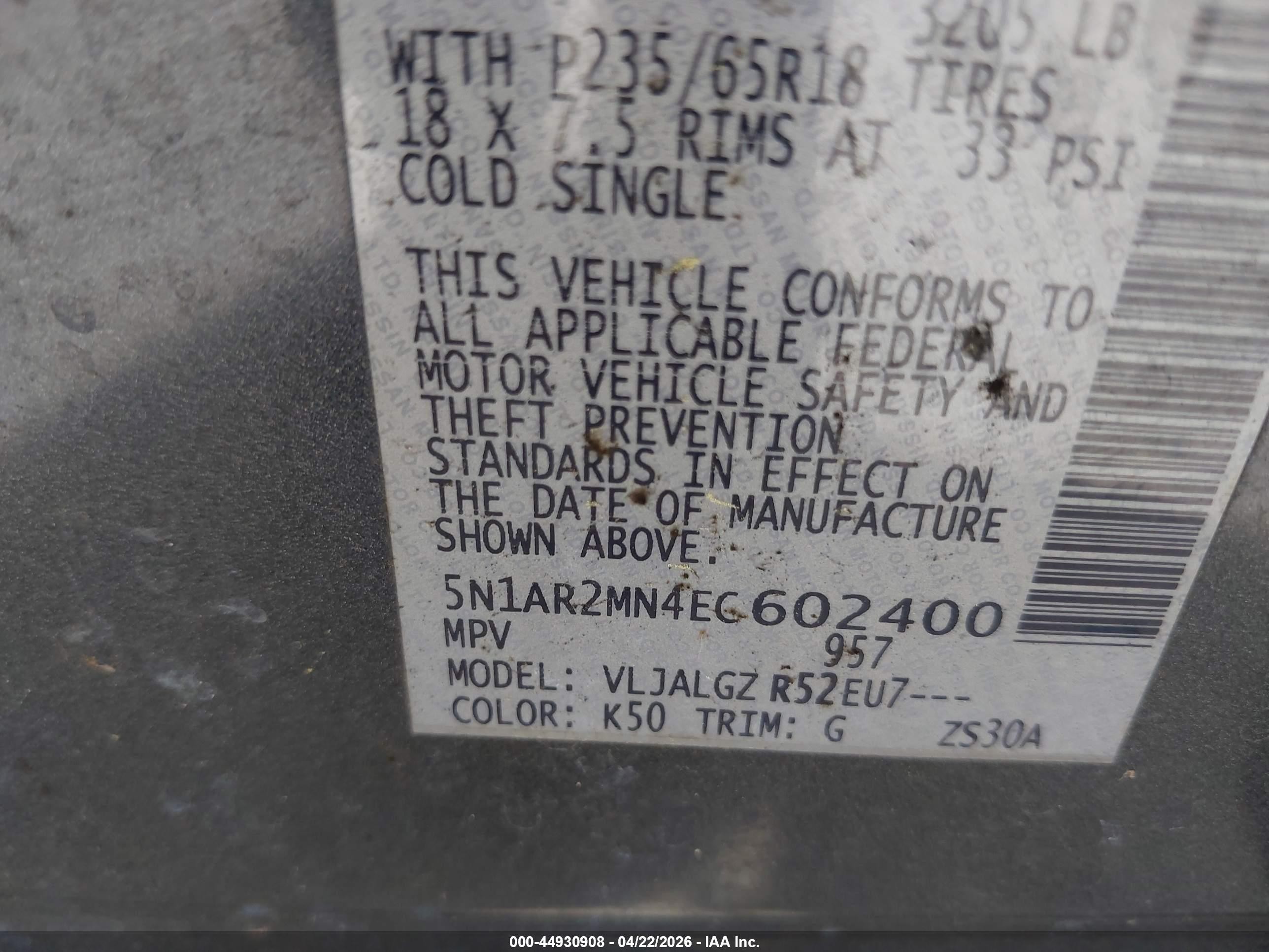 2014 Nissan Pathfinder Sl Gray vin: 5N1AR2MN4EC602400