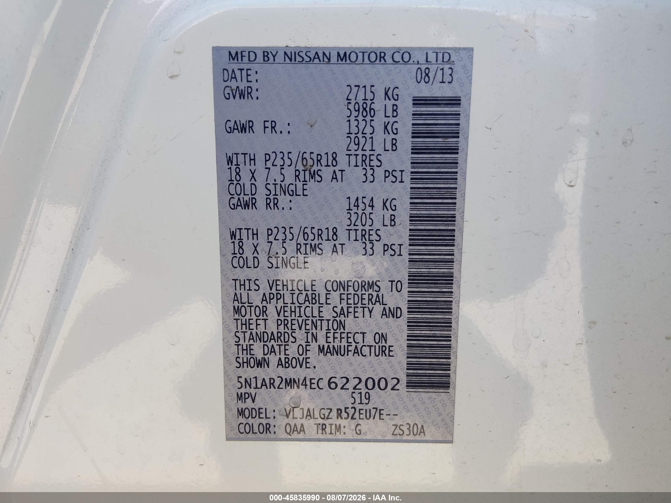 2014 Nissan Pathfinder Sl White vin: 5N1AR2MN4EC622002