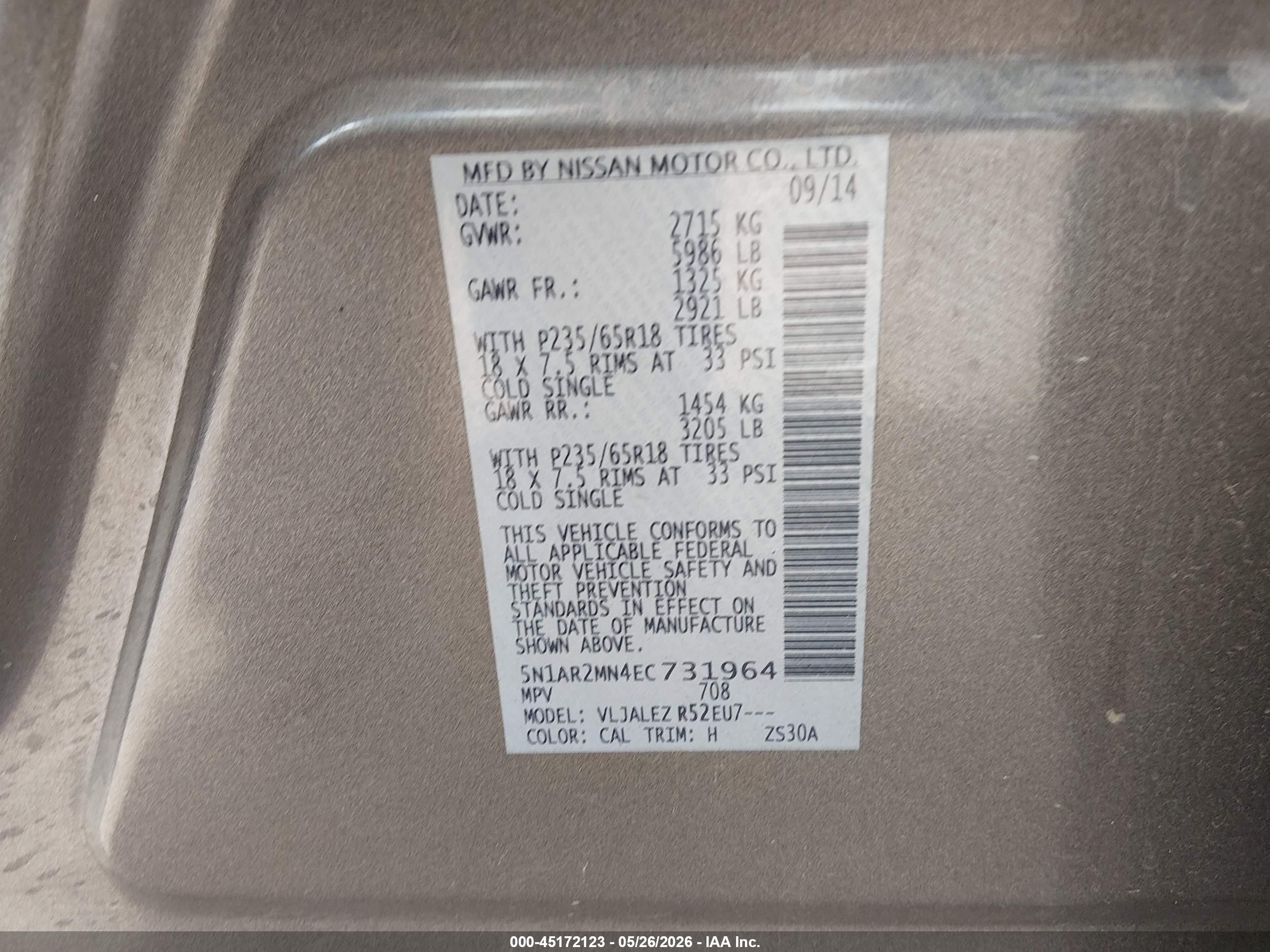 2014 Nissan Pathfinder Sv Gray vin: 5N1AR2MN4EC731964