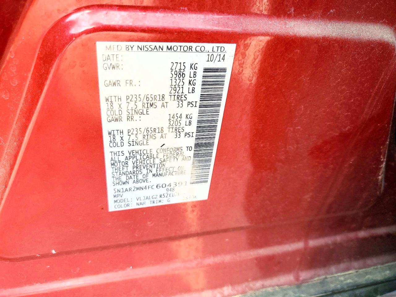 2015 Nissan Pathfinder Sl Red vin: 5N1AR2MN4FC604391