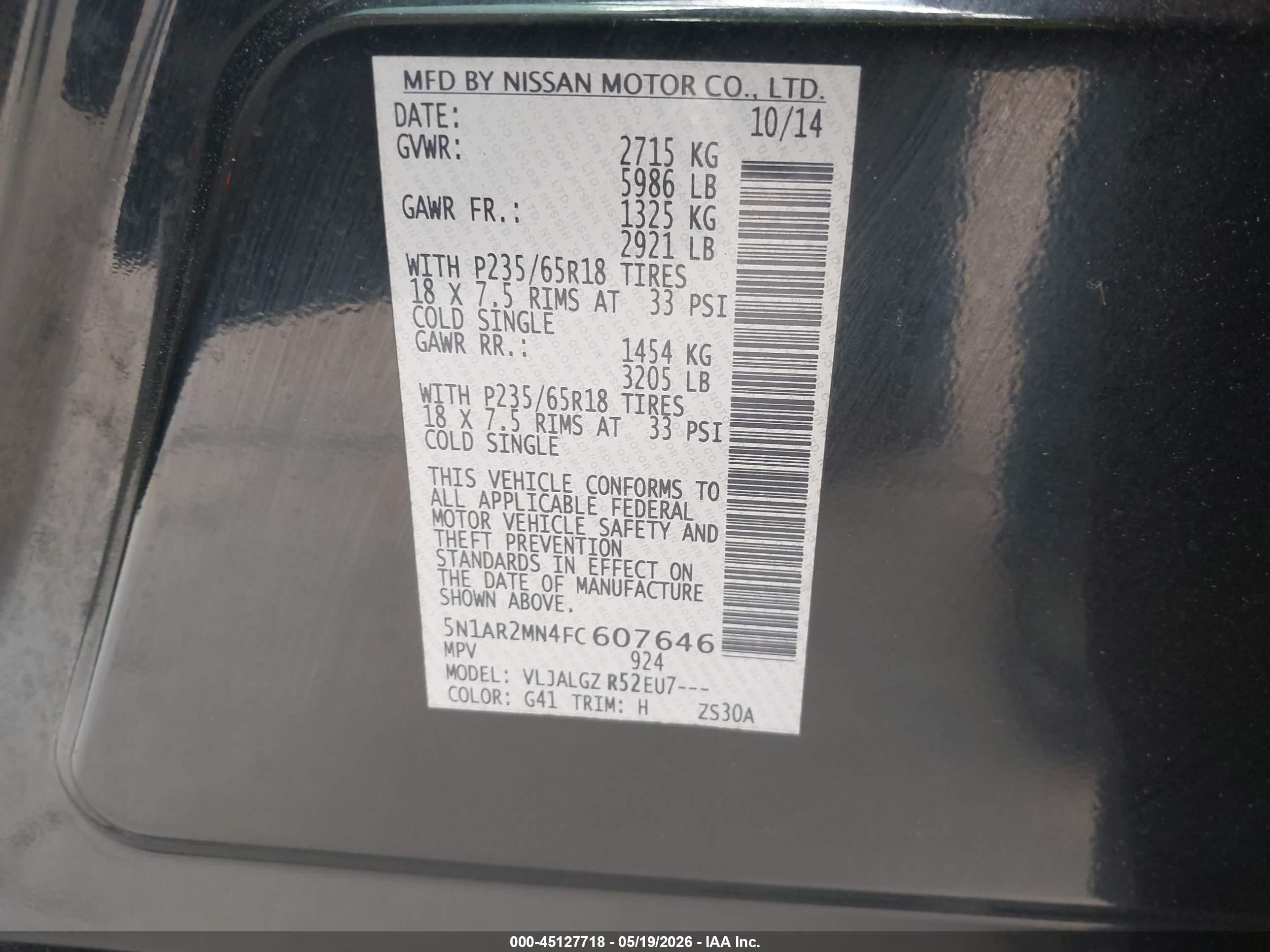 2015 Nissan Pathfinder Sl Black vin: 5N1AR2MN4FC607646