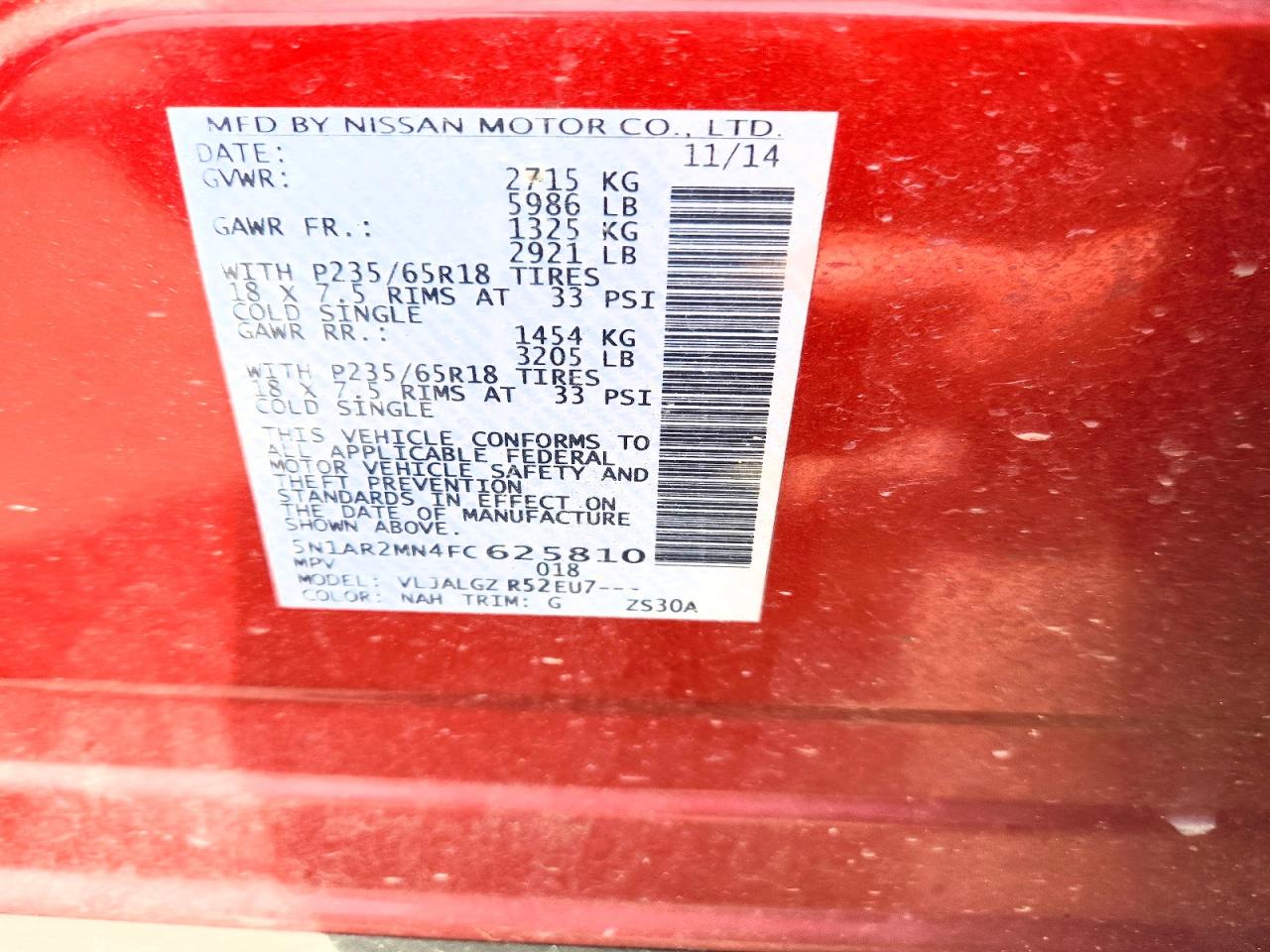2015 Nissan Pathfinder Sl Red vin: 5N1AR2MN4FC625810