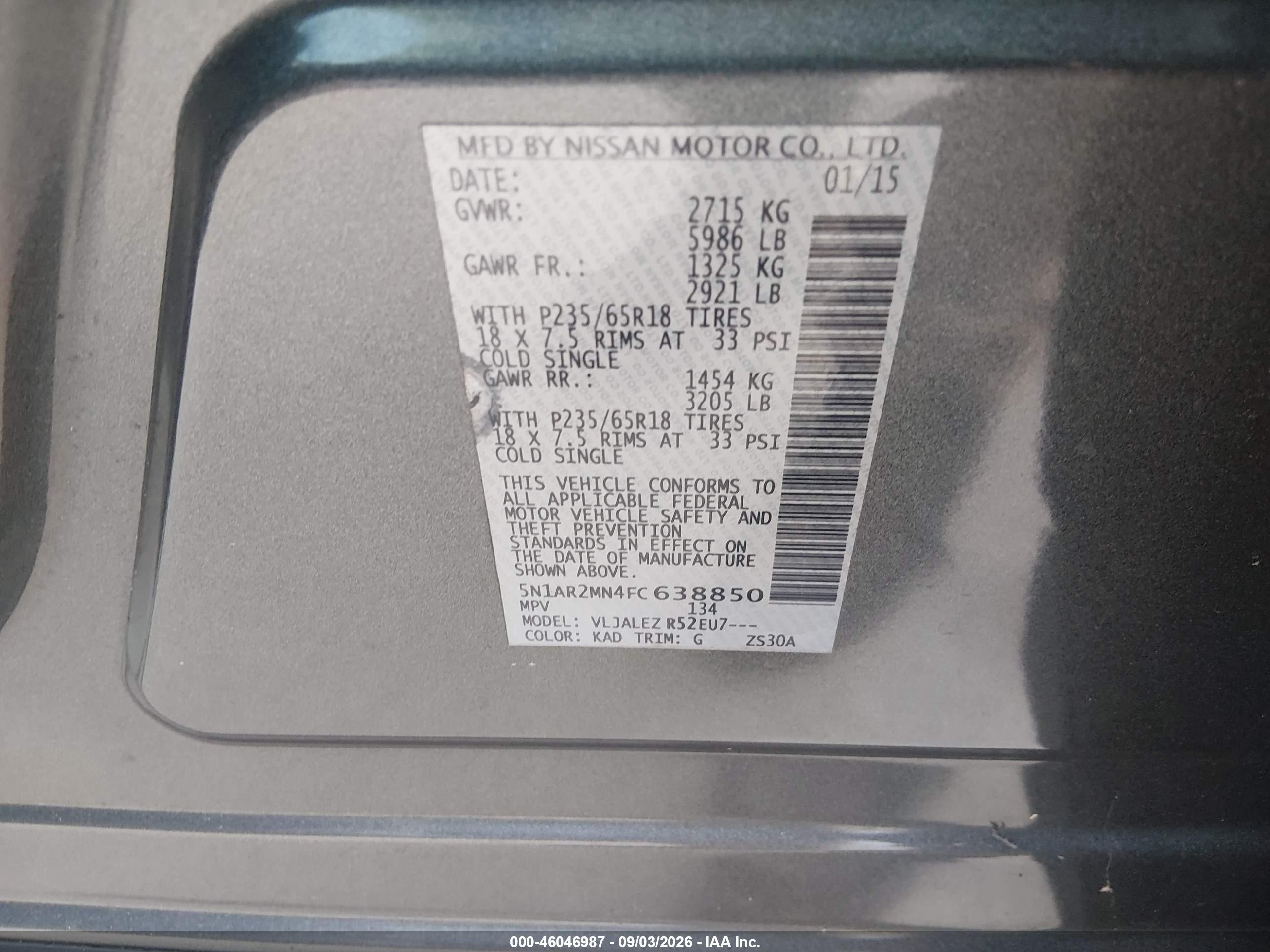 2015 Nissan Pathfinder Platinum/s/sl/sv Gray vin: 5N1AR2MN4FC638850