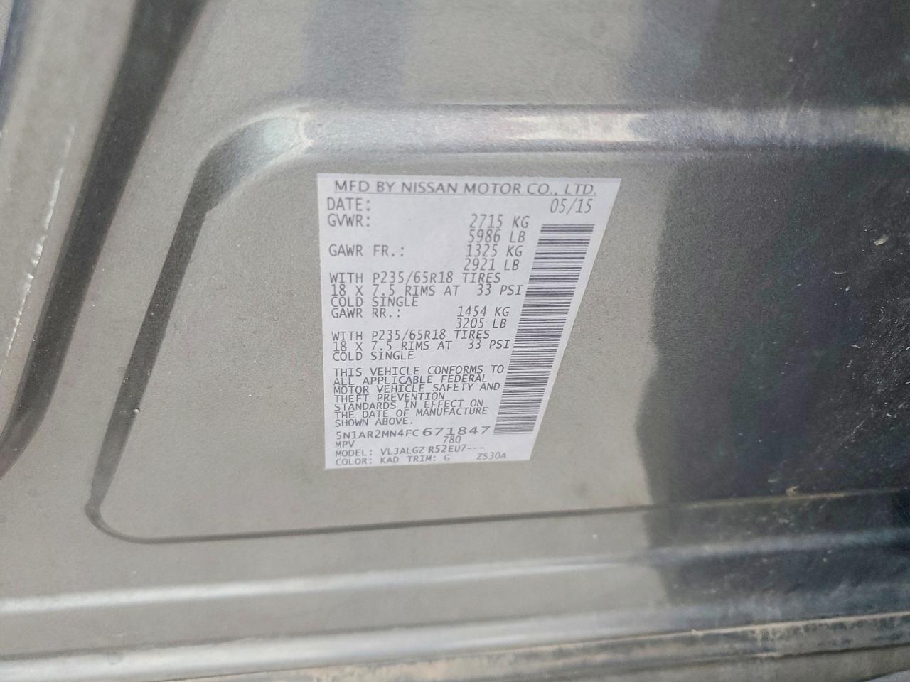 2015 Nissan Pathfinder Sl Серый vin: 5N1AR2MN4FC671847