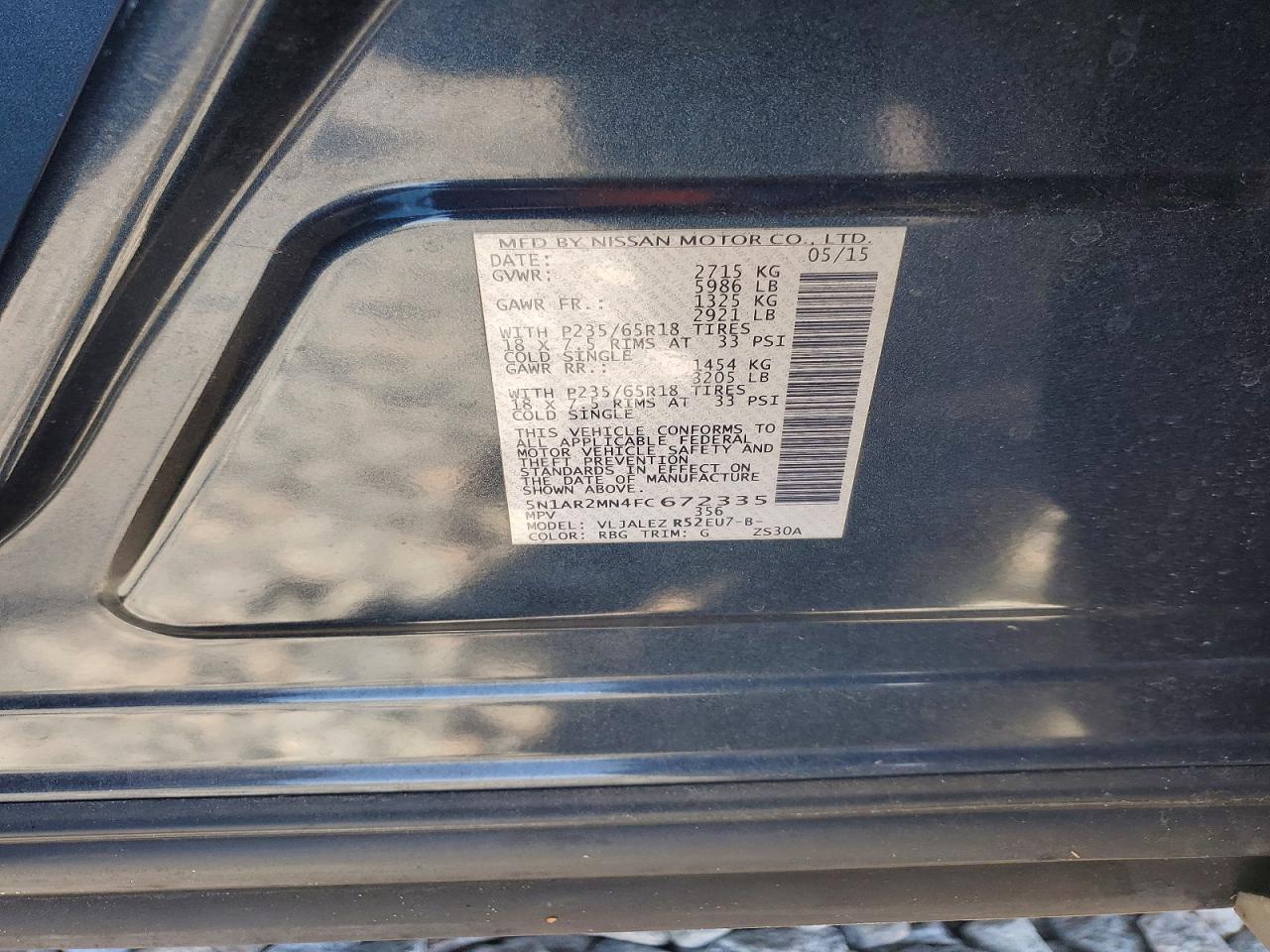 2015 Nissan Path Finde Blue vin: 5N1AR2MN4FC672335