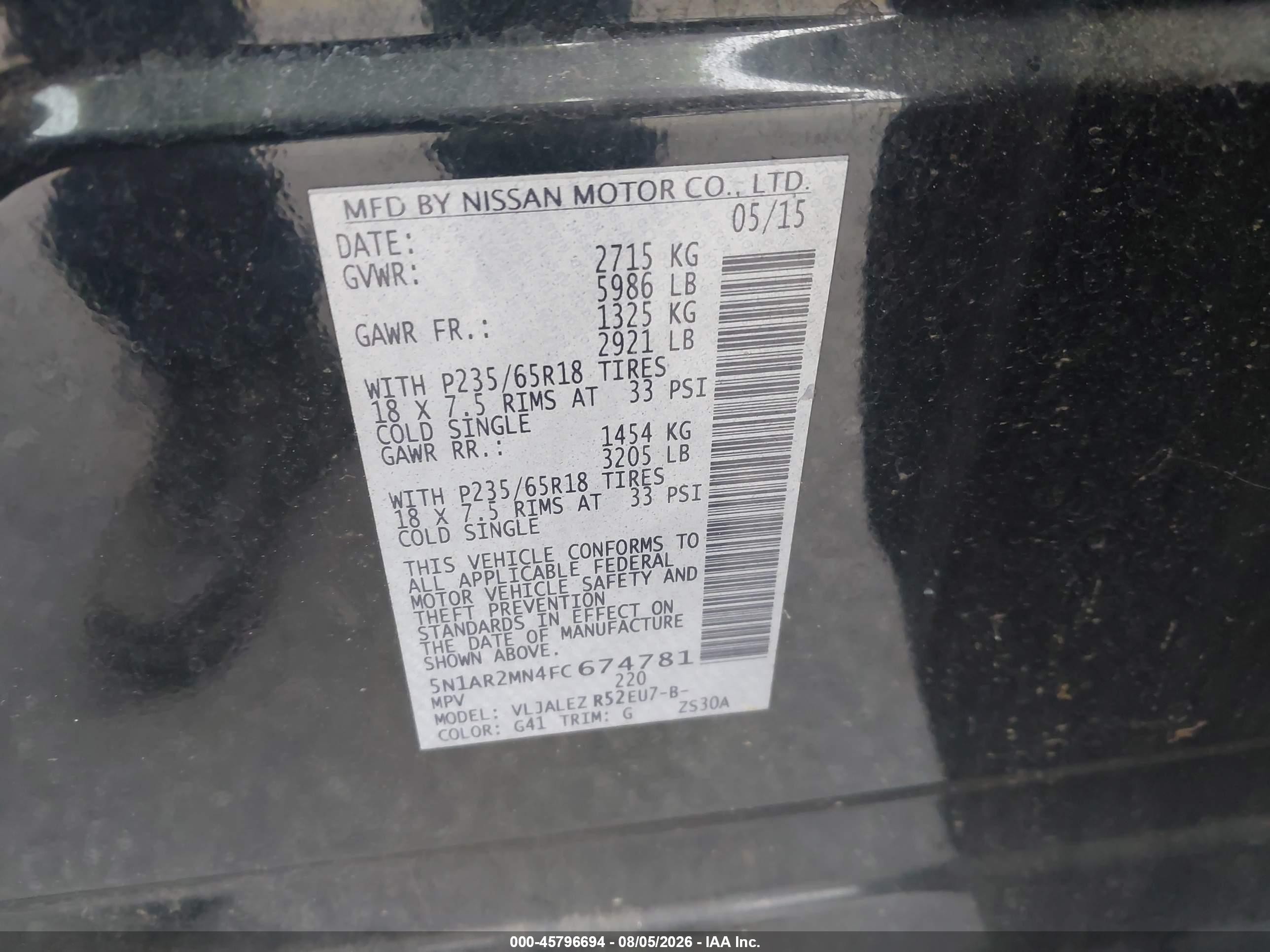 2015 Nissan Pathfinder Sv Black vin: 5N1AR2MN4FC674781