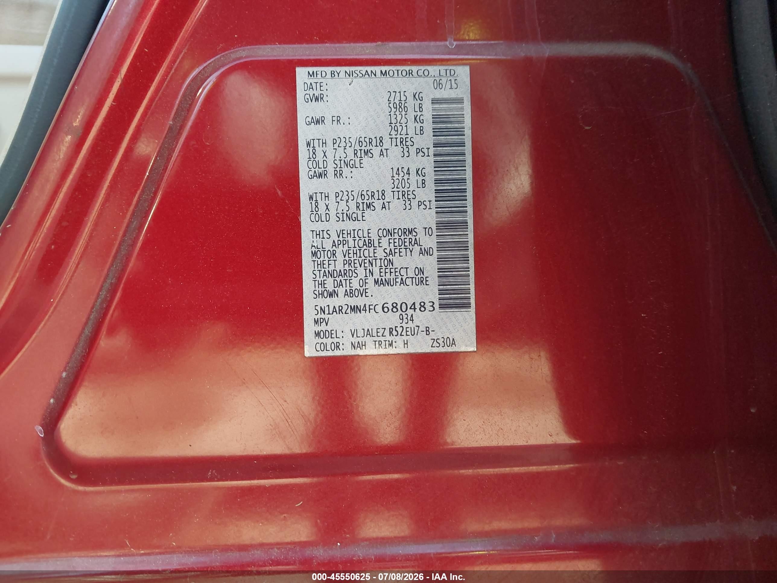 2015 Nissan Pathfinder Platinum/s/sl/sv Красный vin: 5N1AR2MN4FC680483