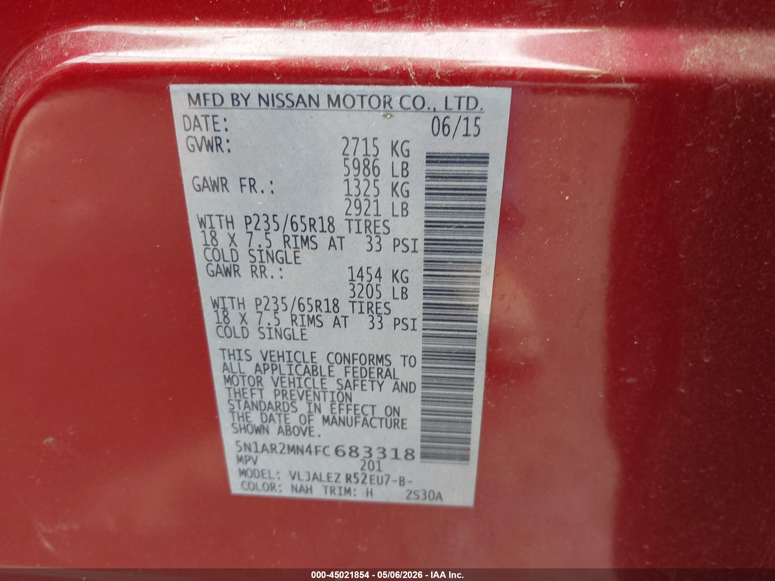 2015 Nissan Pathfinder Sv Red vin: 5N1AR2MN4FC683318