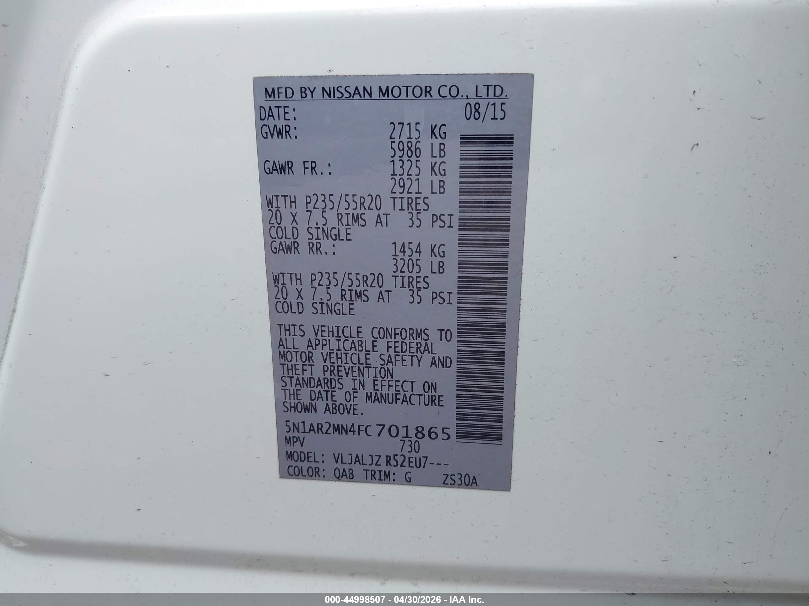 2015 Nissan Pathfinder Platinum White vin: 5N1AR2MN4FC701865