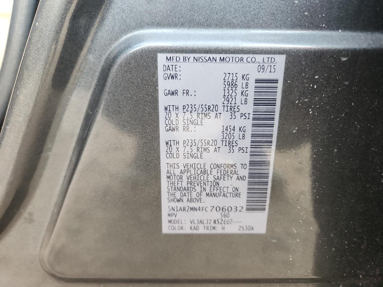 2015 Nissan Pathfinder S Серый vin: 5N1AR2MN4FC706032