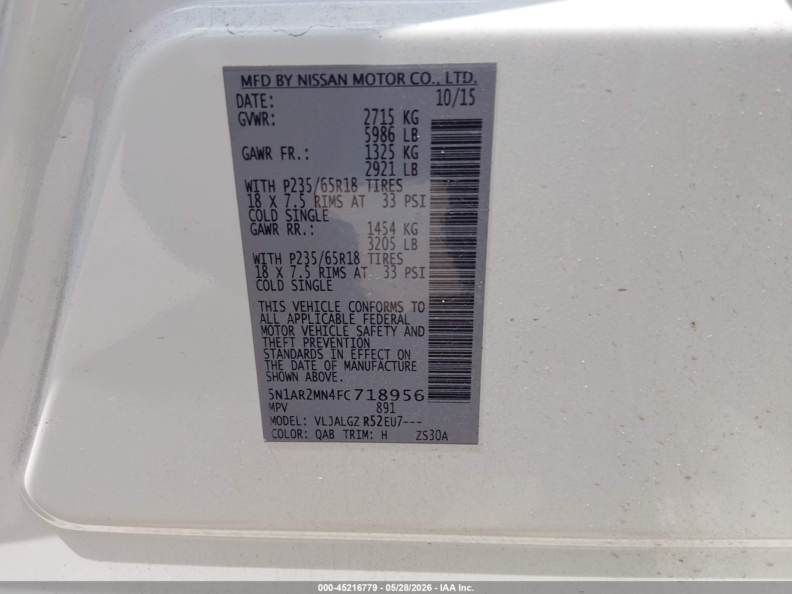 2015 Nissan Pathfinder Sl White vin: 5N1AR2MN4FC718956