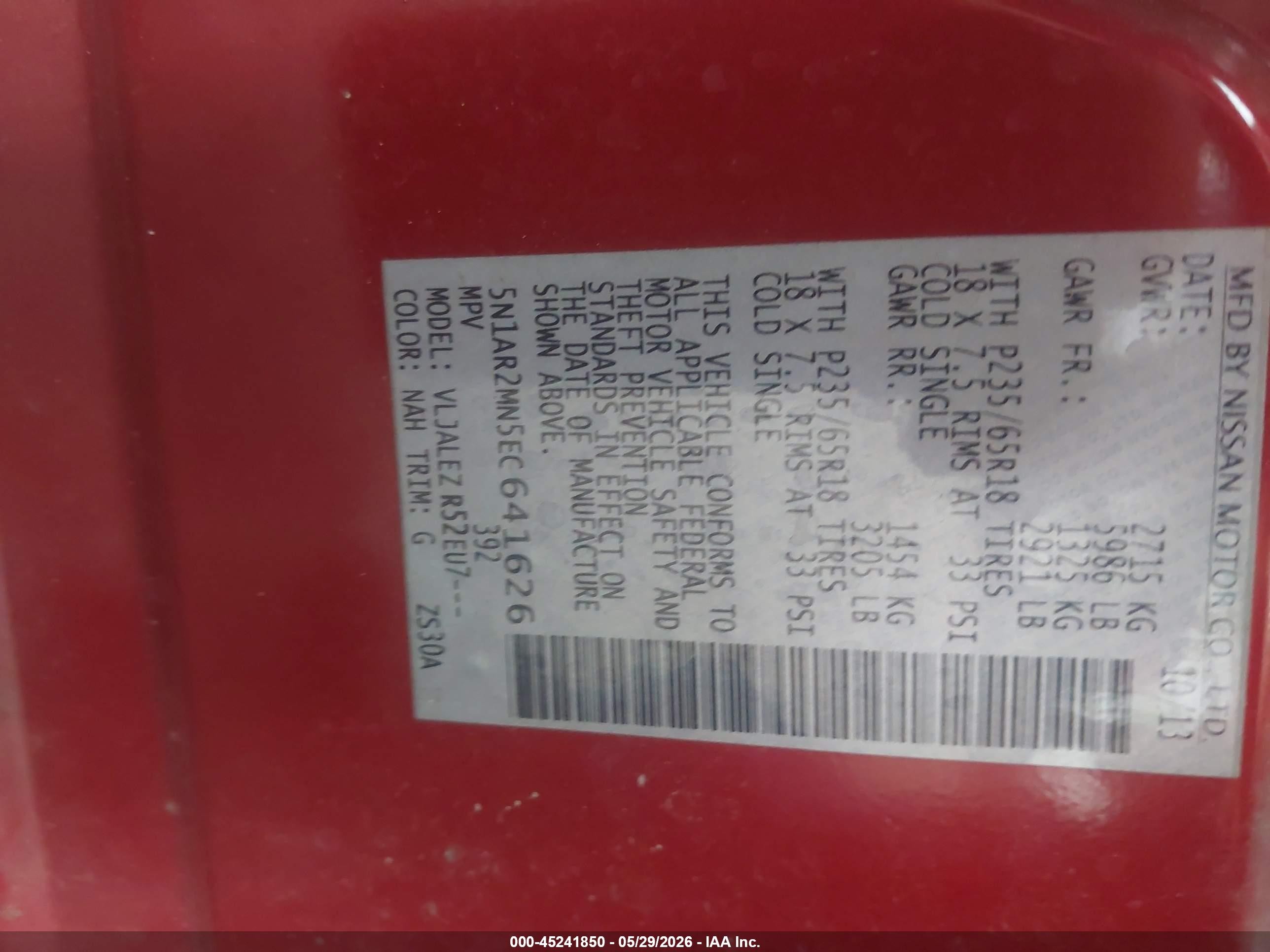 2014 Nissan Pathfinder Sv Red vin: 5N1AR2MN5EC641626