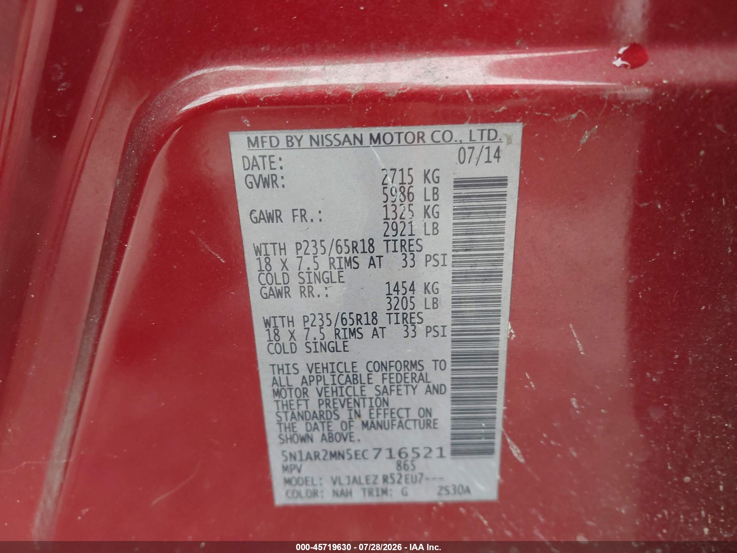 2014 Nissan Pathfinder Sv Red vin: 5N1AR2MN5EC716521