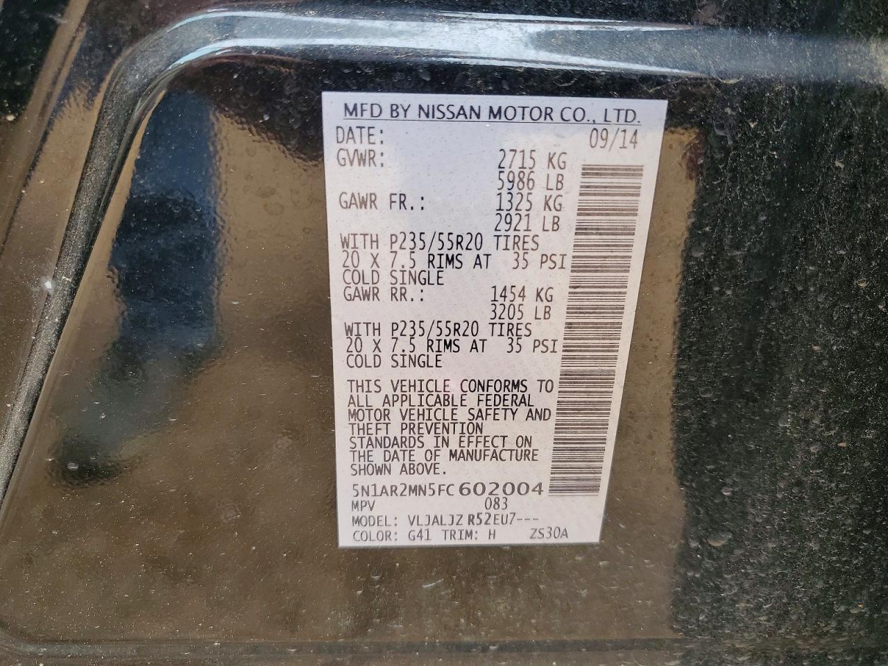 2015 Nissan Pathfinder Platinum Black vin: 5N1AR2MN5FC602004