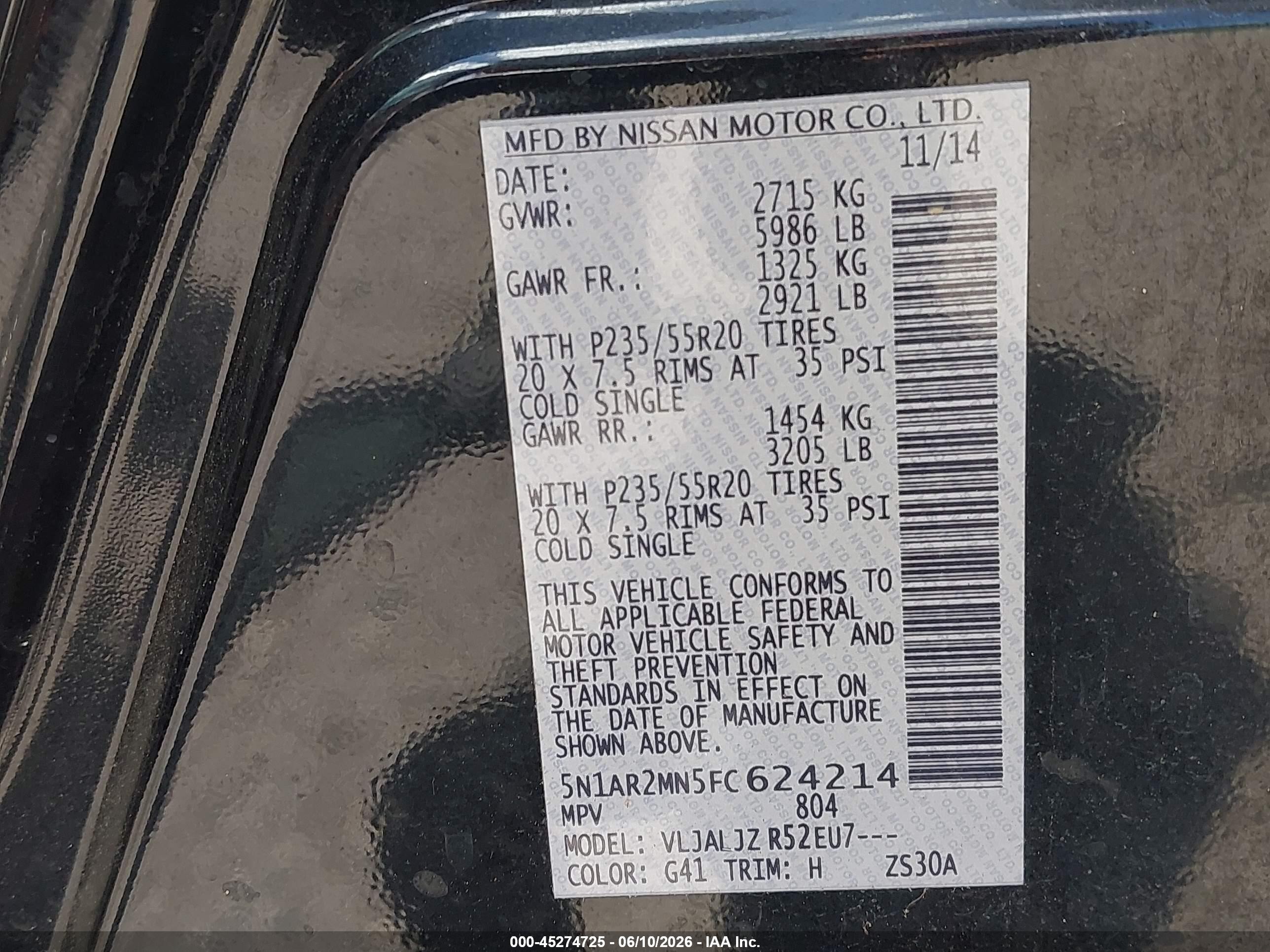 2015 Nissan Pathfinder Platinum Black vin: 5N1AR2MN5FC624214