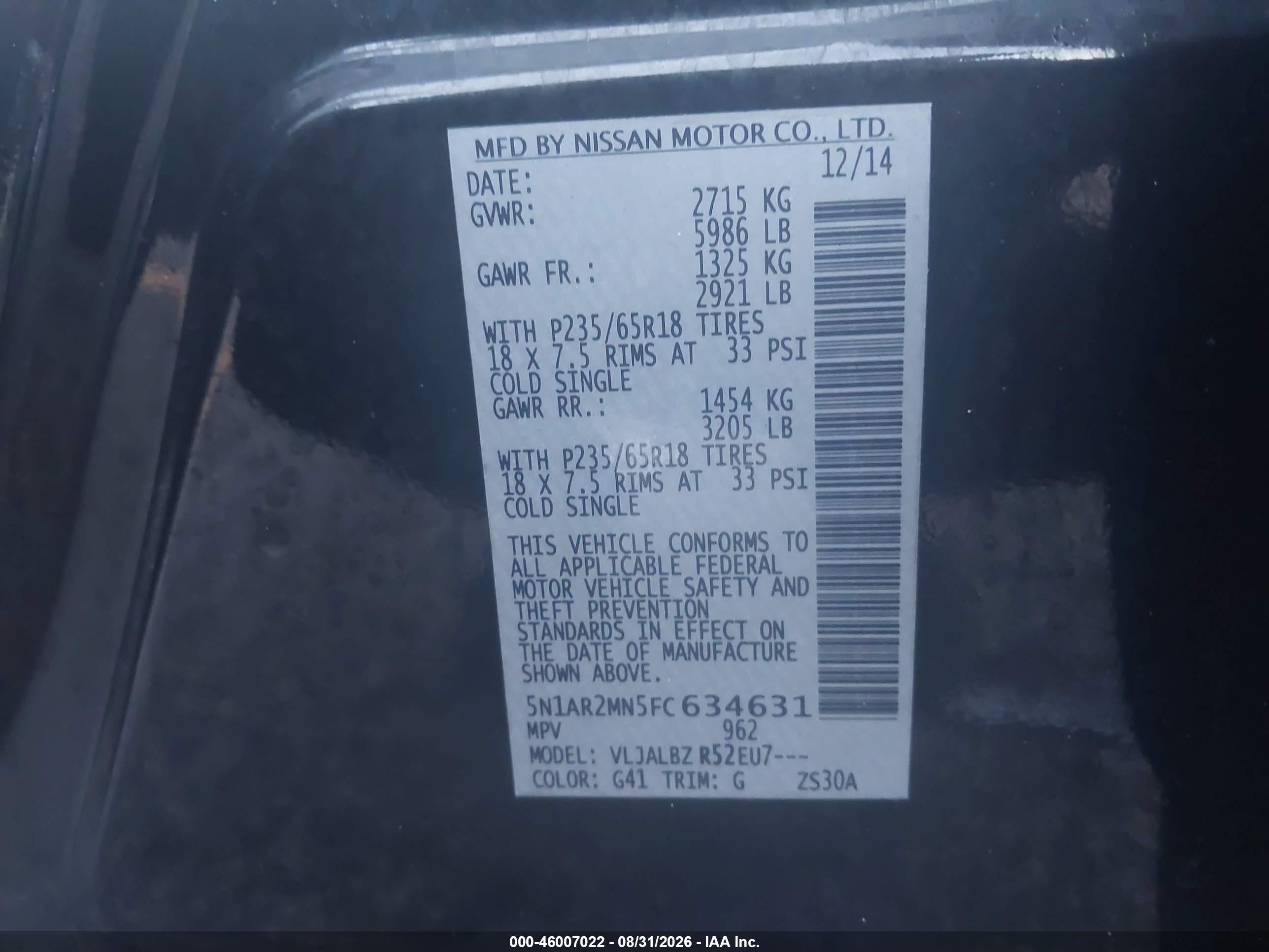 2015 Nissan Pathfinder S Black vin: 5N1AR2MN5FC634631