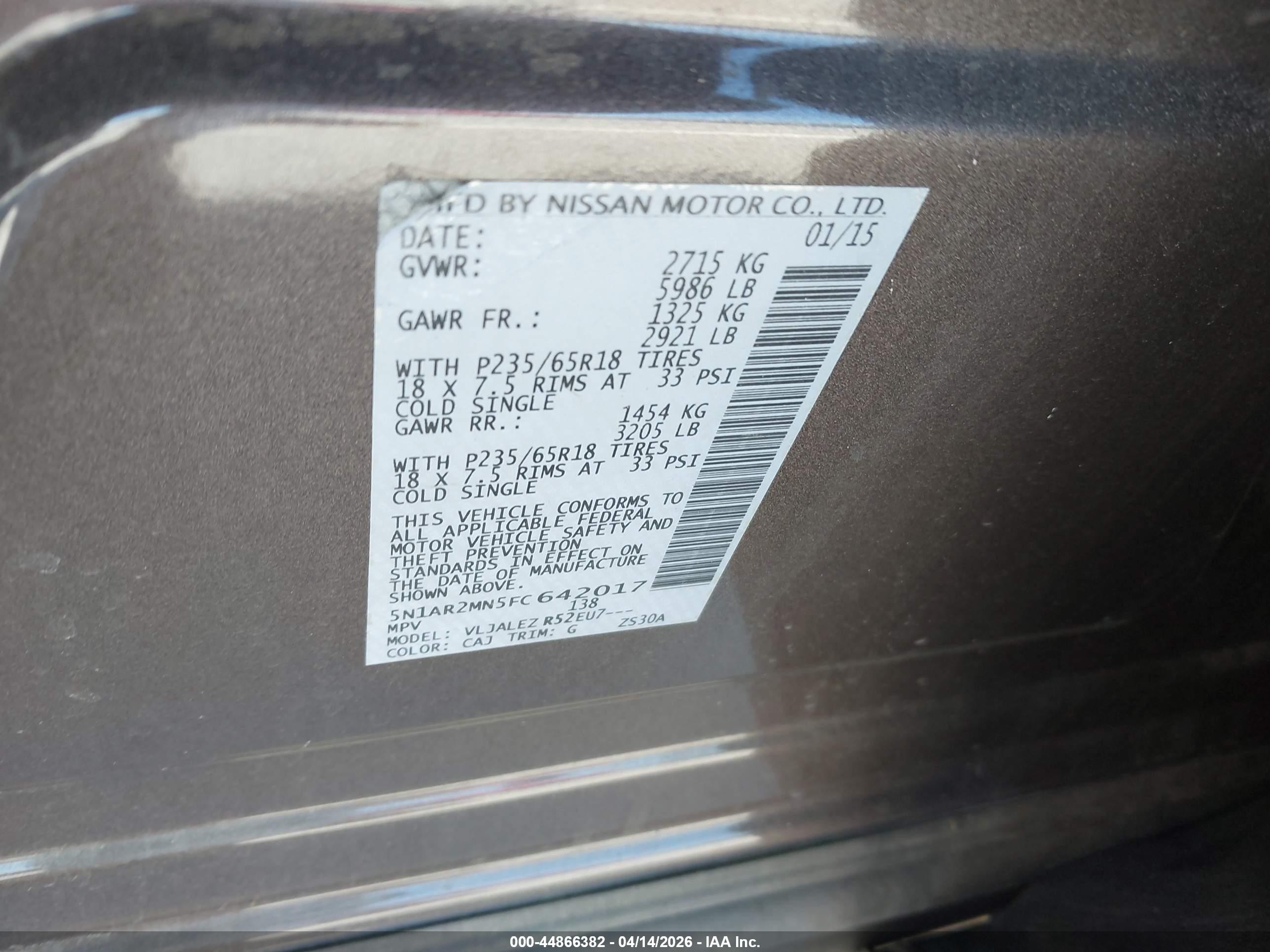 2015 Nissan Pathfinder Sv Black vin: 5N1AR2MN5FC642017