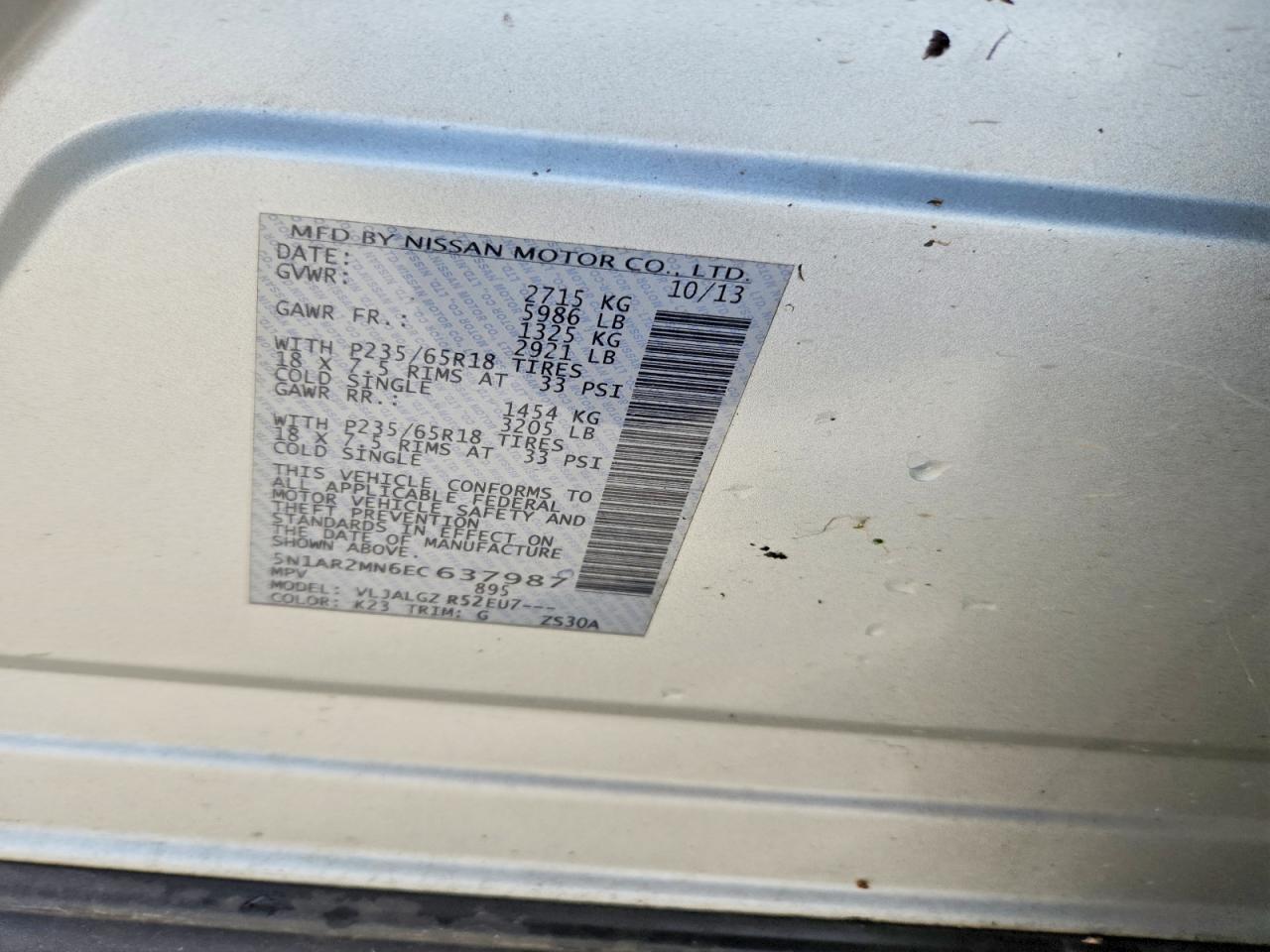 2014 Nissan Pathfinder Sl Silver vin: 5N1AR2MN6EC637987