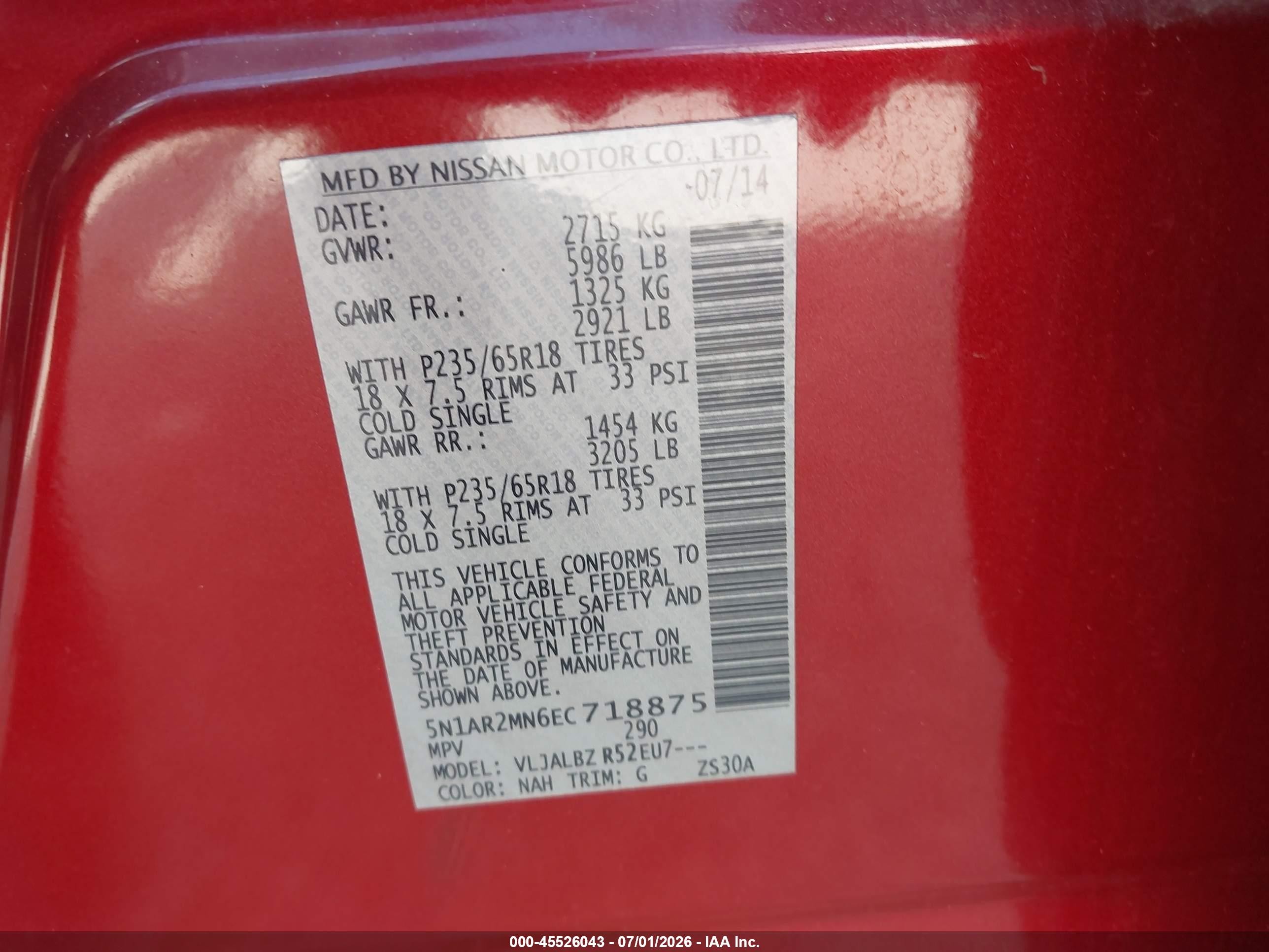 2014 Nissan Pathfinder S Red vin: 5N1AR2MN6EC718875