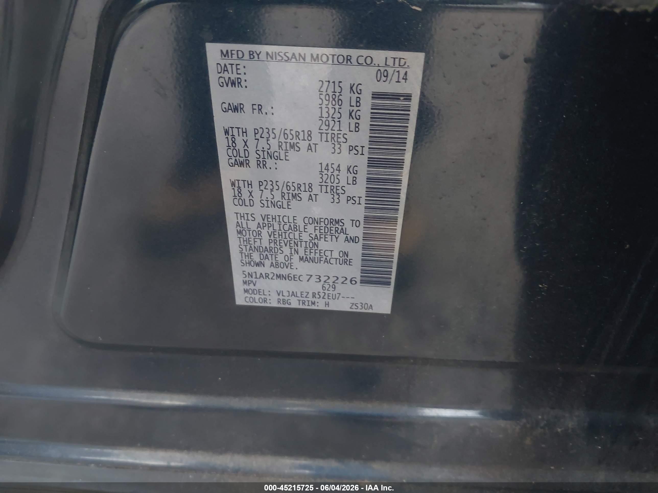 2014 Nissan Pathfinder Sv Dark Blue vin: 5N1AR2MN6EC732226