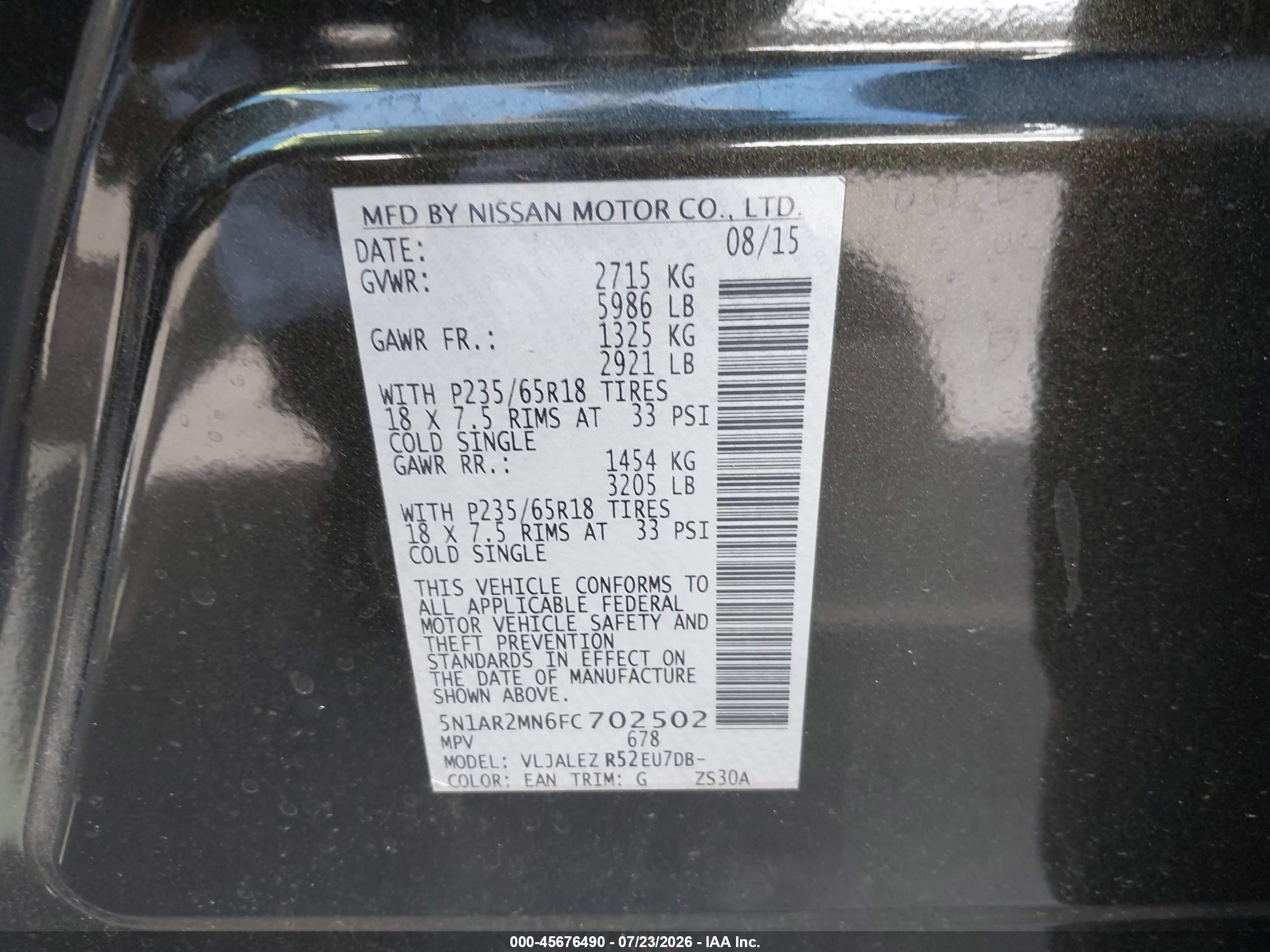 2015 Nissan Pathfinder Sv Green vin: 5N1AR2MN6FC702502
