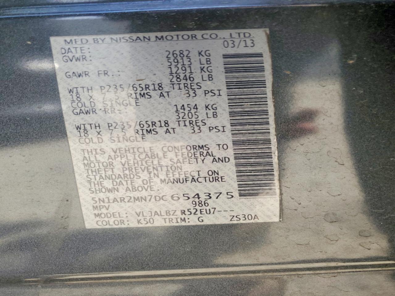 2013 Nissan Pathfinder S Charcoal vin: 5N1AR2MN7DC654375