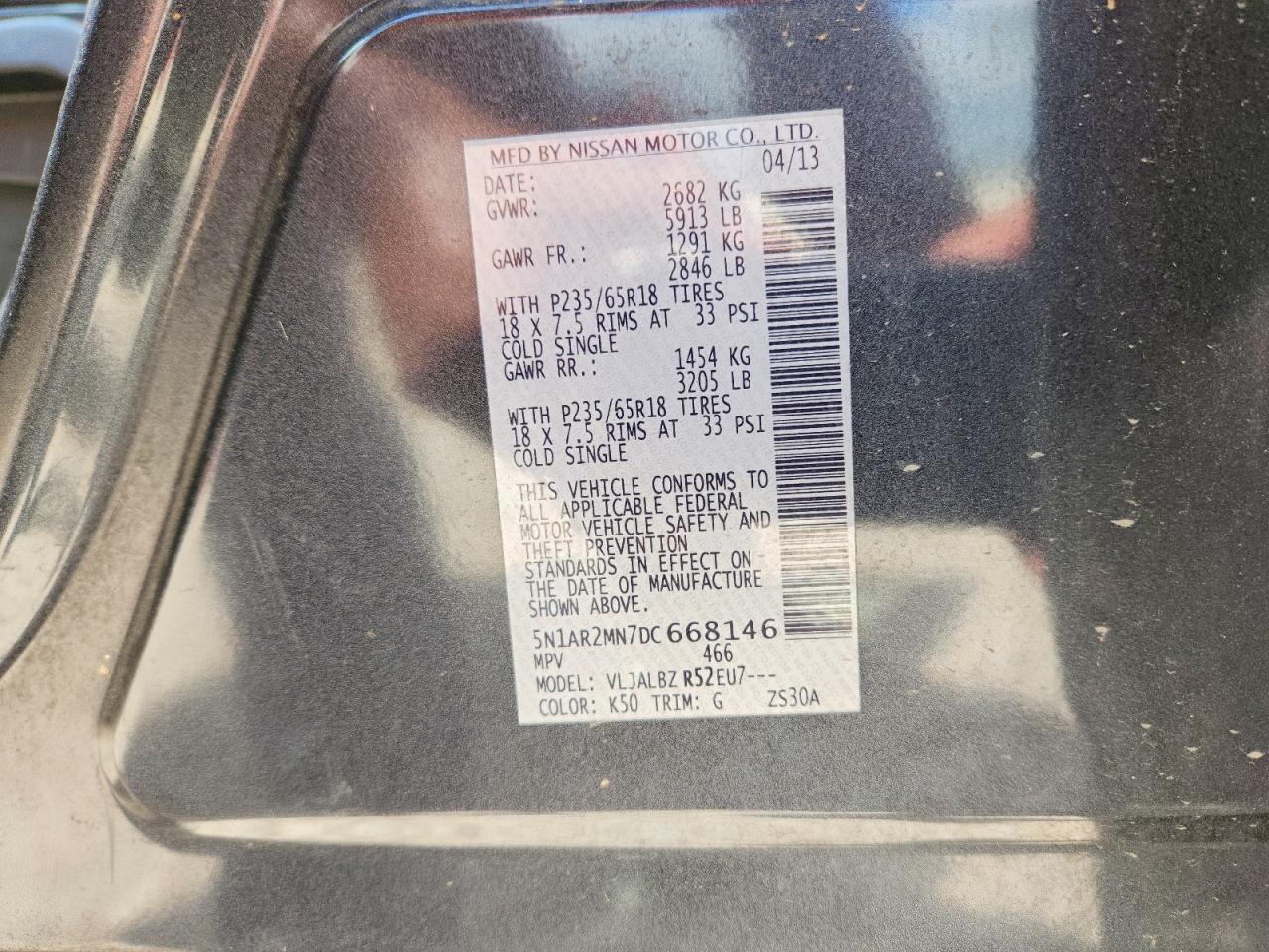 2013 Nissan Pathfinder S Gray vin: 5N1AR2MN7DC668146